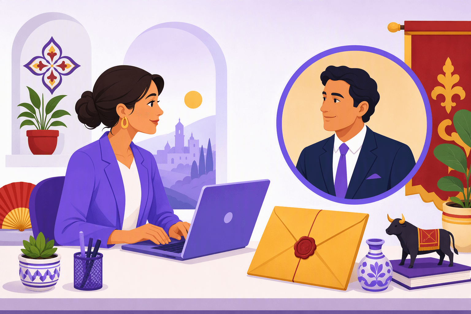 Flat-vector illustration of a professional person composing an email on a laptop beside a sealed envelope and a portrait of a suited recipient, with Spanish-inspired red and gold accents.