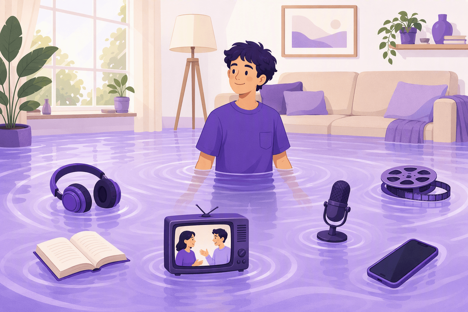 Uma sala de estar tranquila cujo chão se tornou um mar raso cor de lavanda, com um aluno relaxado de pé, com água até à cintura, no meio, enquanto auscultadores, um livro aberto, uma pequena televisão a mostrar duas pessoas a falar, um microfone de podcast, uma bobina de filme e um telemóvel flutuam à sua volta em ondulações suaves, ilustrando a imersão como estar rodeado de conteúdo quotidiano