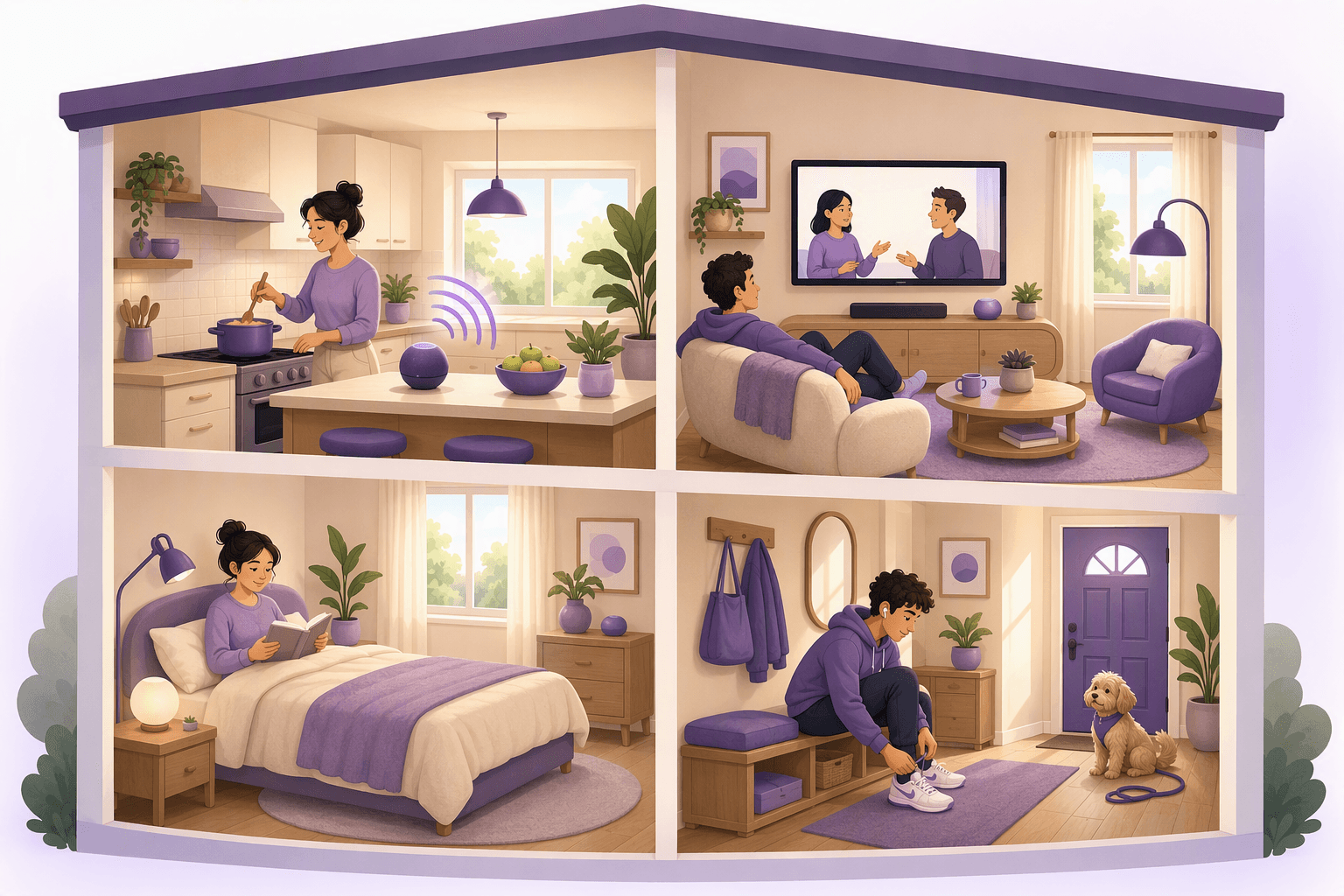 Vista em corte de uma casa com quatro divisões visíveis ao mesmo tempo, cada uma a mostrar um hábito diferente de imersão em casa: alguém a cozinhar junto a um altifalante inteligente a emitir ondas sonoras, alguém a ver uma televisão de parede onde duas pessoas falam, alguém a ler um livro na cama debaixo de um candeeiro, e alguém a atar os ténis com auriculares postos enquanto um cão espera à porta com uma trela