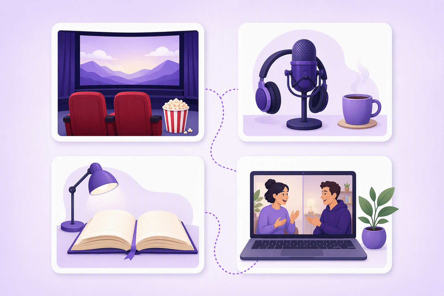Quatro cartões arredondados sobre uma superfície lavanda suave ligados por uma fina linha pontilhada, cada um mostrando um tipo de material de imersão: um ecrã de cinema com dois lugares e um balde de pipocas, um microfone de podcast com auscultadores e um copo de café, um livro aberto sob um candeeiro de leitura com um marcador de fita, e um portátil onde duas pessoas se encaram numa videochamada simpática