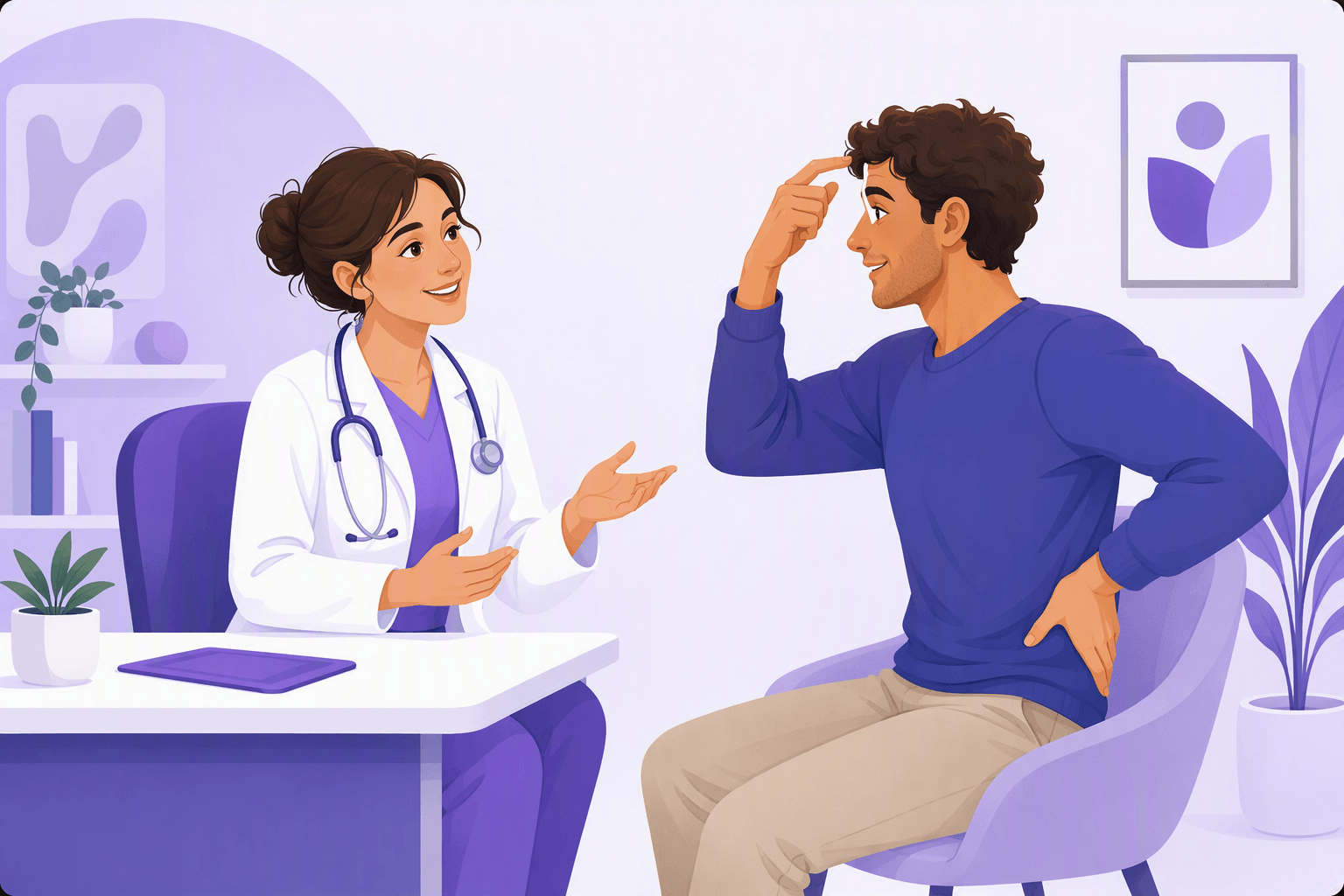 Illustration of a relaxed patient in an Italian clinic pointing to their forehead and lower back while a smiling doctor listens