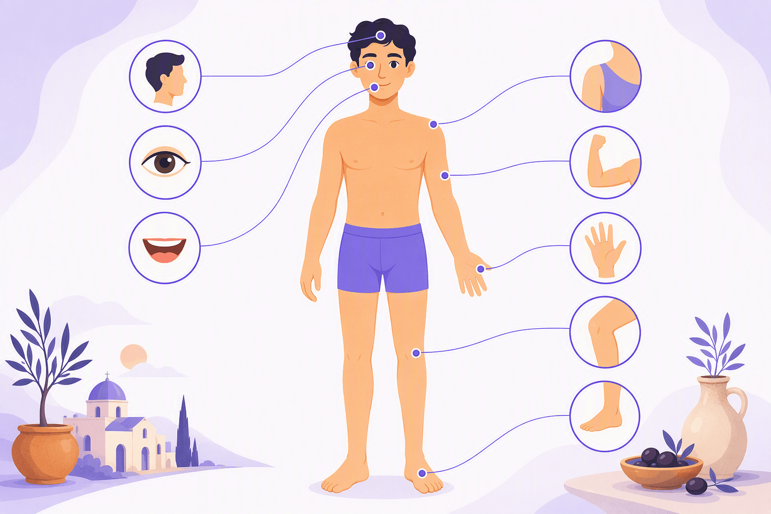 Illustration of a human figure with the head, eye, mouth, shoulder, arm, hand, knee and foot marked and connected to small body part icons, set against an Italian landscape