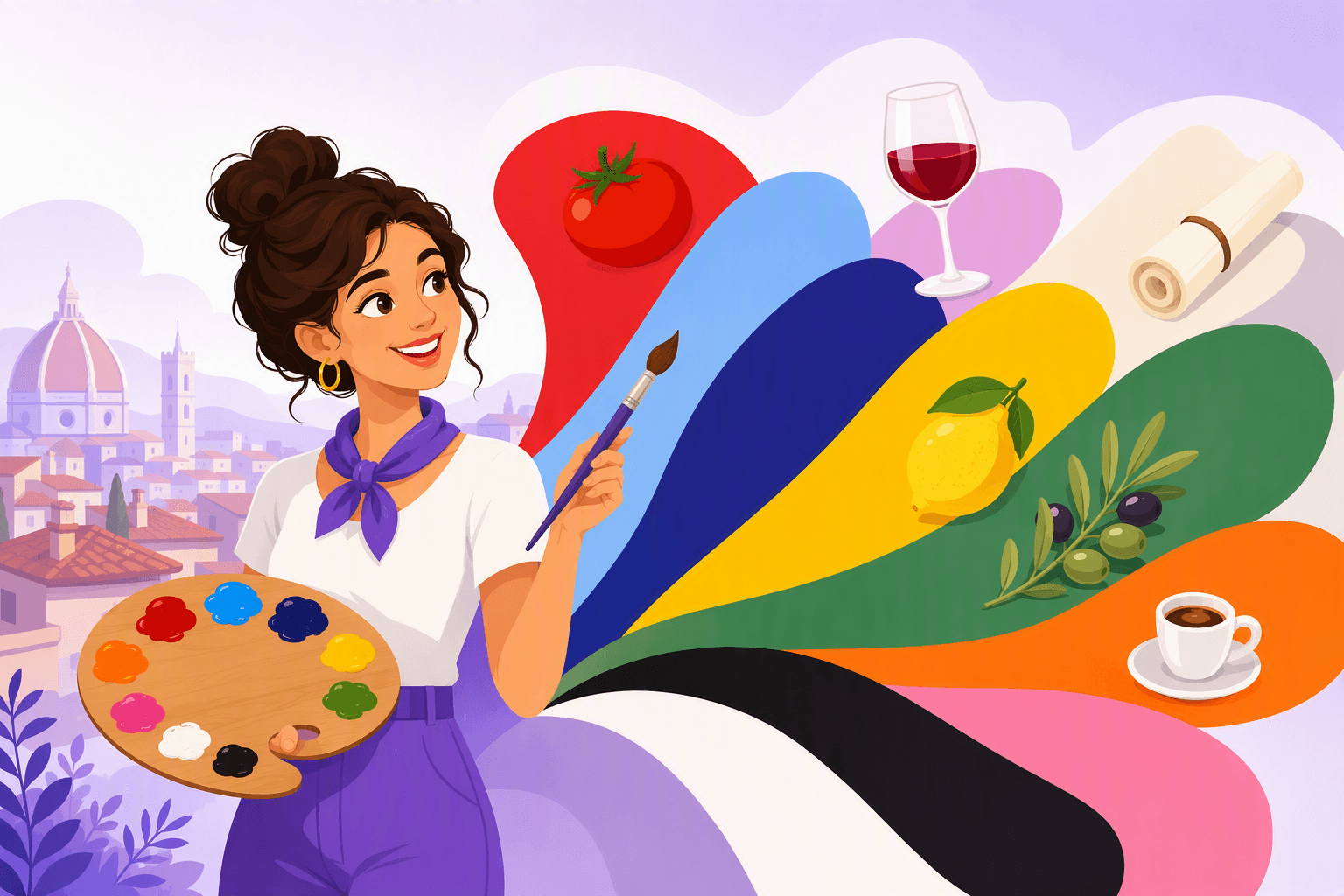Illustration of an artist holding a paint palette beside a fan of colored swatches with a tomato, red wine, a lemon, olives and espresso, over an Italian rooftop skyline