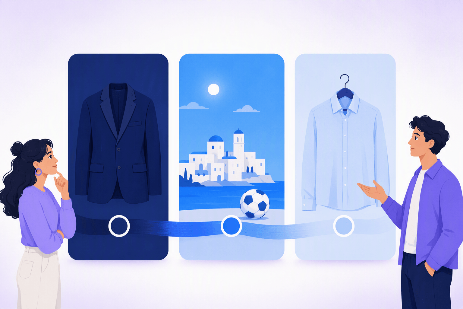 Three swatch panels side by side: a navy jacket on dark blue, a sunny coastal sky with a football on bright blue, and a pale shirt on powder blue, linked by a blue gradient ribbon