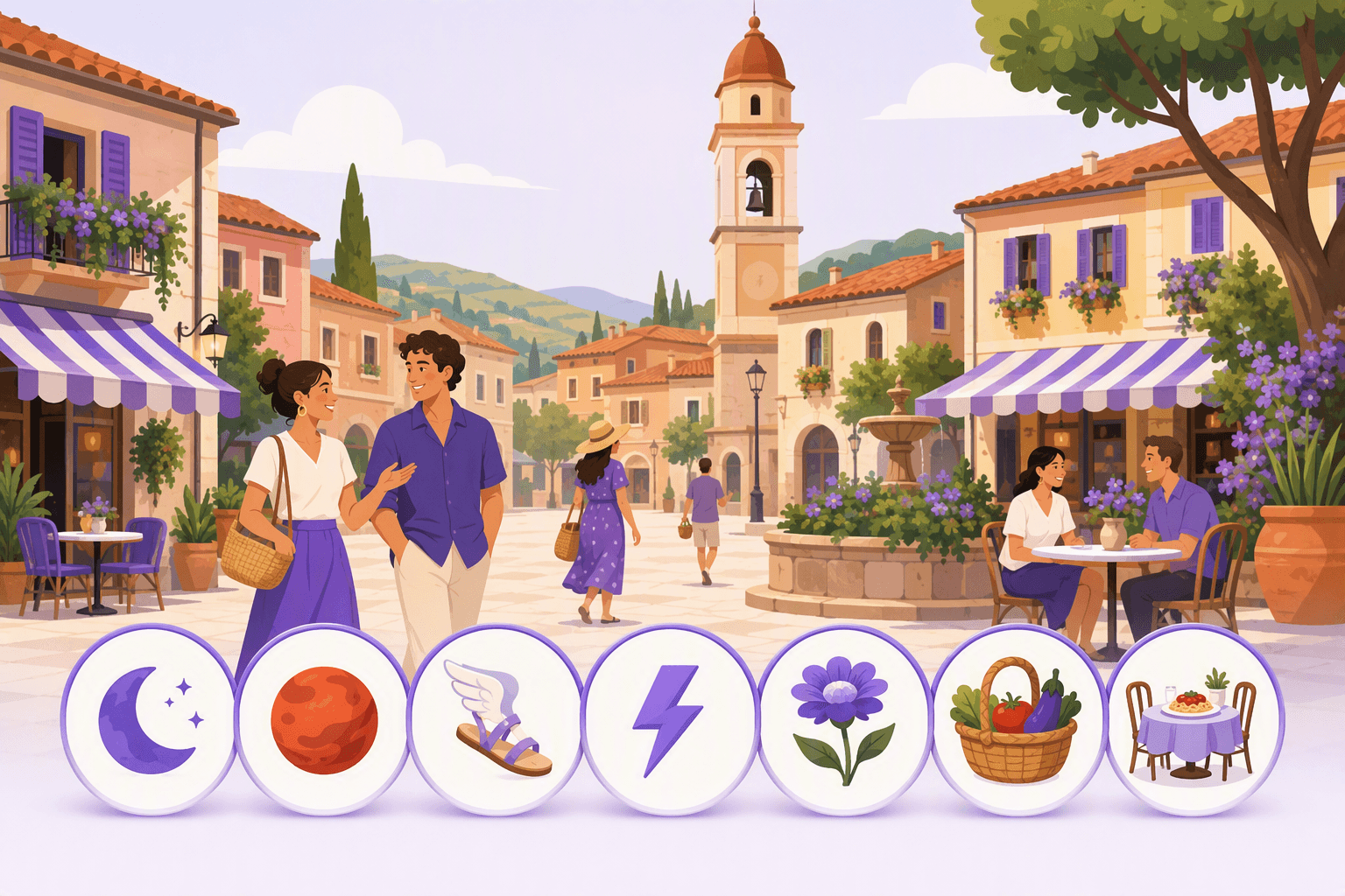 Seven rounded symbol tokens lined up in front of an Italian piazza: a crescent moon, the red planet Mars, a winged sandal, a lightning bolt, a flower, a market basket and a family lunch table