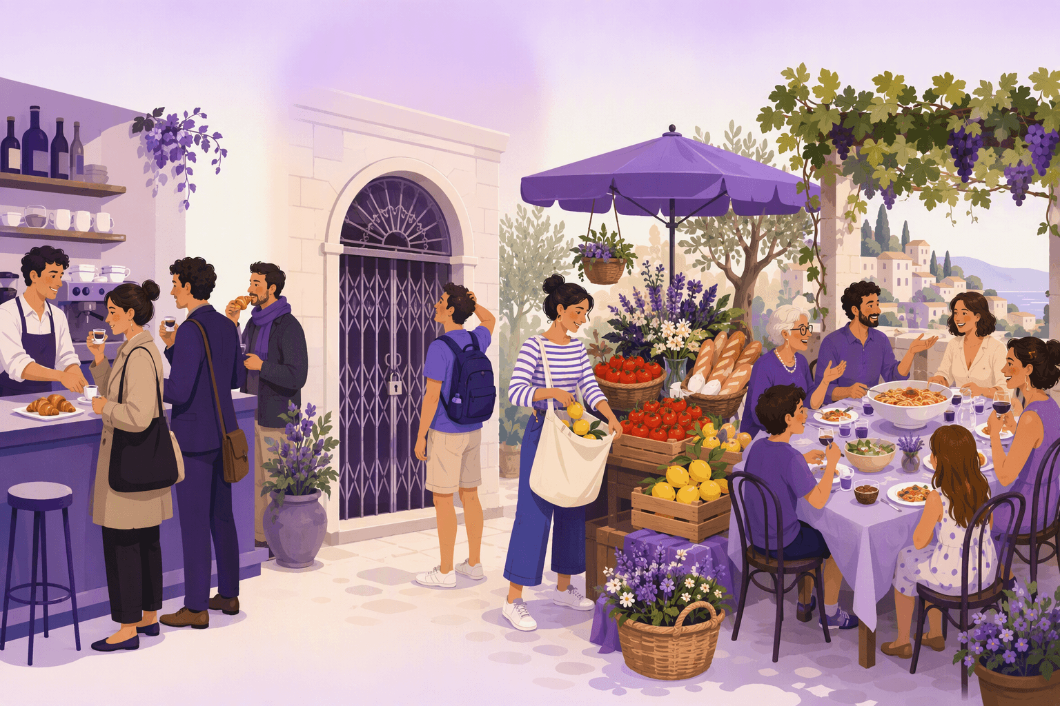 Four moments of the Italian week flowing into one another: commuters at an espresso bar, a shuttered museum gate with a puzzled tourist outside, a Saturday market stall of tomatoes and lemons, and a long Sunday family lunch under a vine pergola