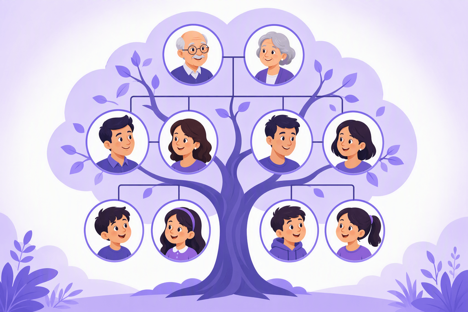 Family tree diagram with unlabelled portrait medallions showing grandparents, parents, aunt and uncle, children and cousins