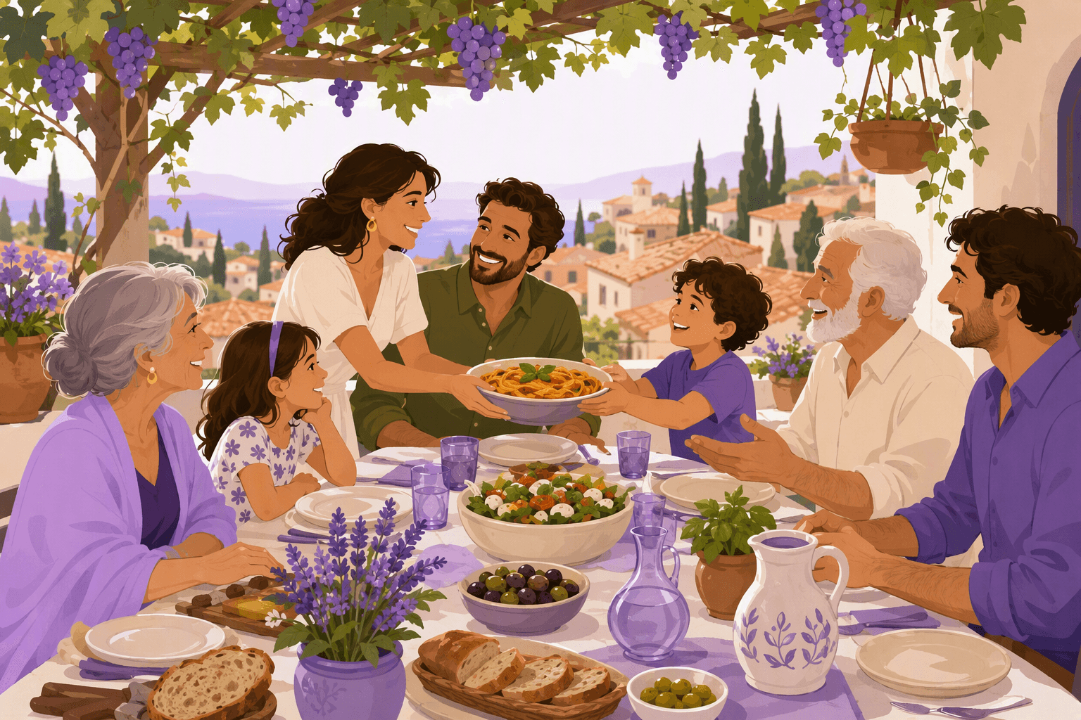 Three generations of an Italian family sharing a long outdoor lunch under a vine-covered pergola