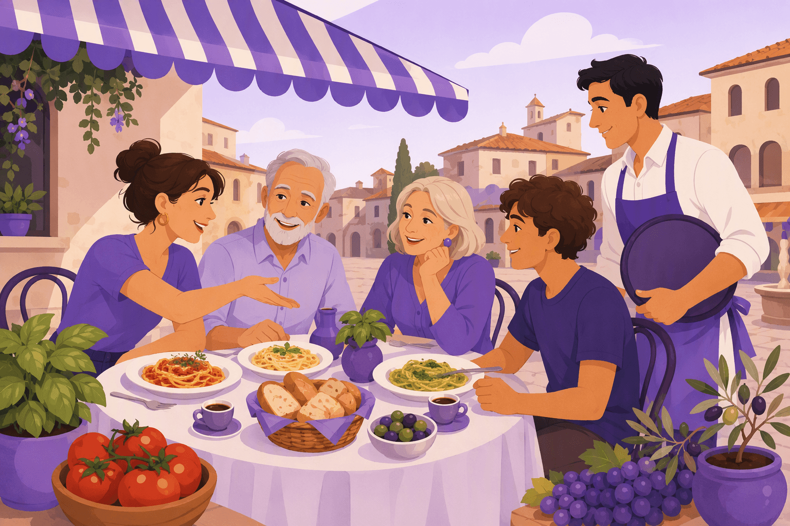Friends of several generations sharing pasta, bread and espresso at an outdoor trattoria table while a waiter attends to them