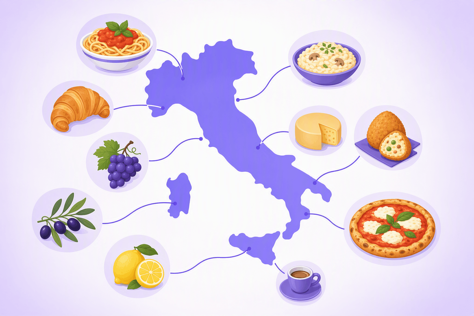 Map of Italy with regional food icons linked to different areas: pasta and risotto in the north, cheese and rice balls in the centre and south, pizza, lemons, olives, grapes and espresso around the coasts