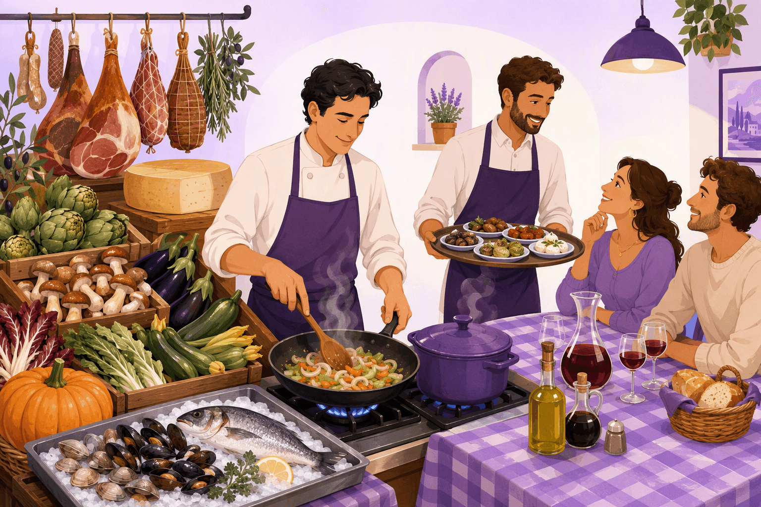 Italian market stall with artichokes, porcini mushrooms and cured hams next to a trattoria table where a waiter brings a tray of starters while a cook browns aromatics in a pan
