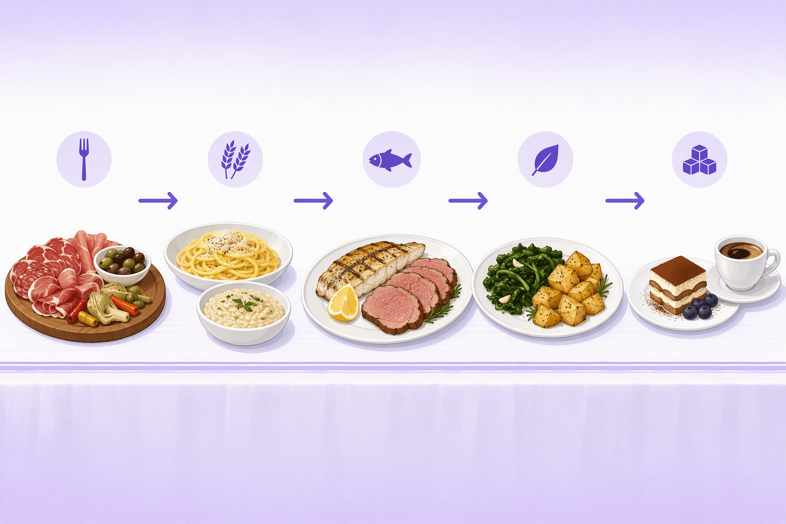 Five plates in a row showing the Italian meal sequence: a cured meat board, pasta with risotto, grilled fish with roast meat, sauteed greens with potatoes, and a dessert with coffee
