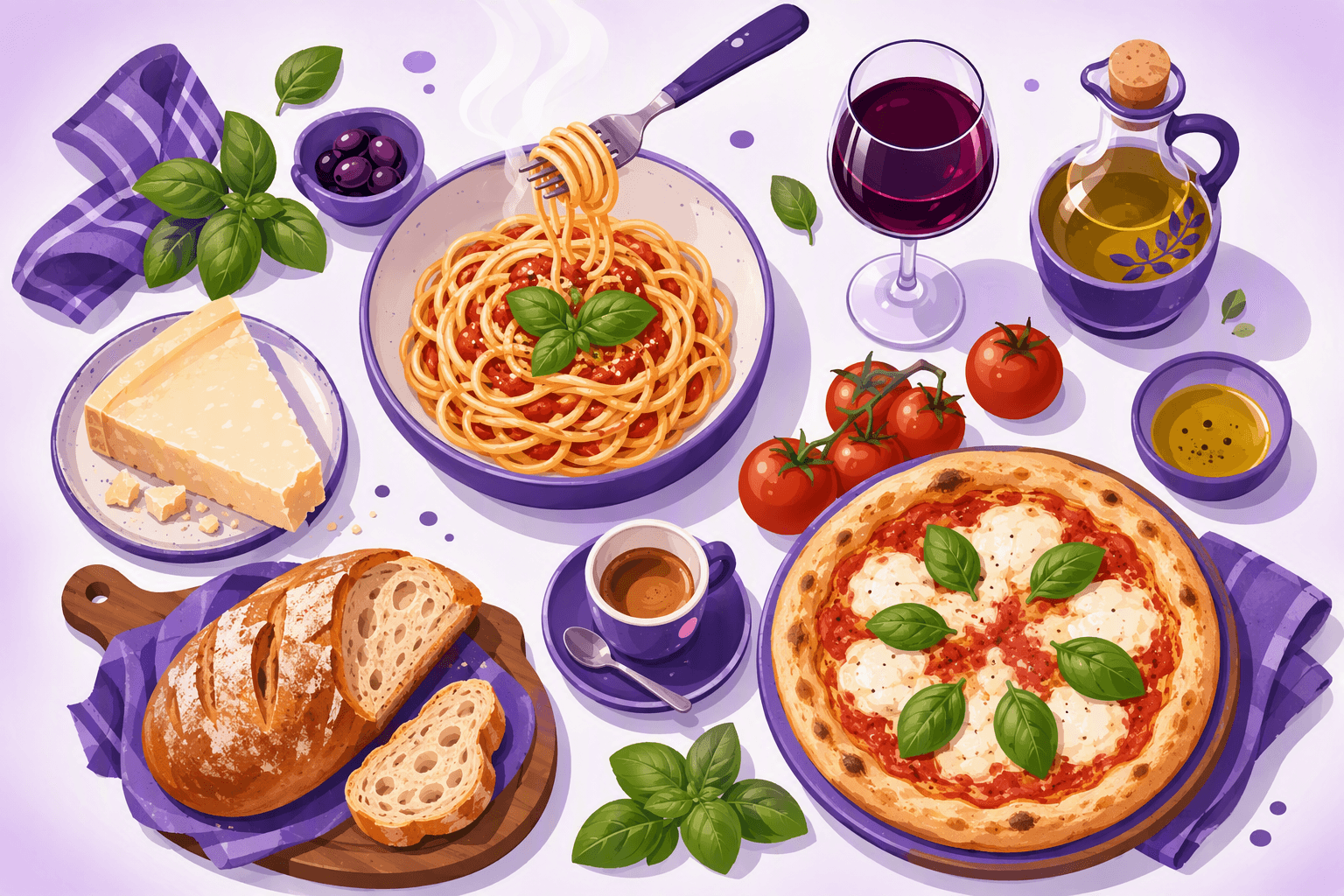 Illustrated spread of essential Italian foods: a bowl of spaghetti with a twirling fork, margherita pizza with basil, a rustic bread loaf, a wedge of cheese, an espresso cup, a glass of red wine, olive oil, tomatoes, and fresh basil
