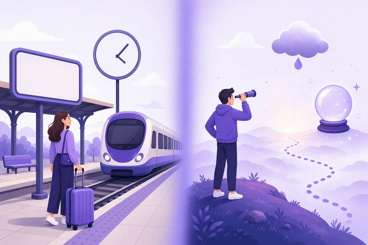 Split illustration contrasting a scheduled plan on a train platform with a person predicting the future through a telescope, showing when Italian uses the present tense and when it uses futuro semplice