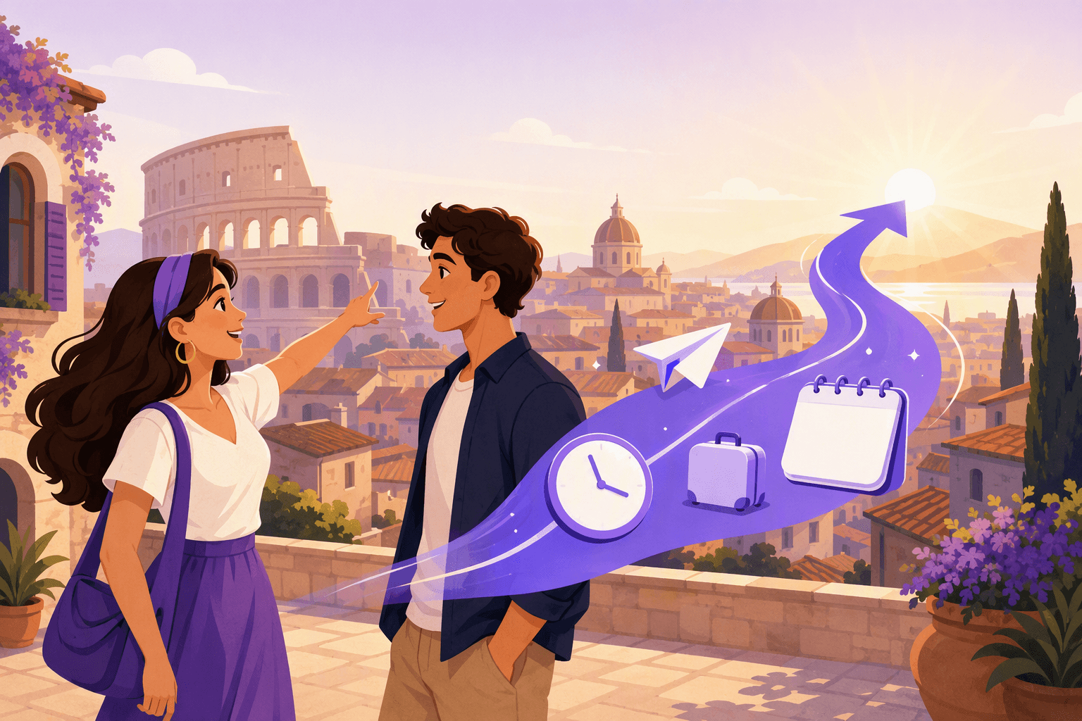 Two friends on an Italian terrace looking ahead toward a sunrise while a purple arrow sweeps forward past a clock, a suitcase and a calendar, illustrating the Italian future tense