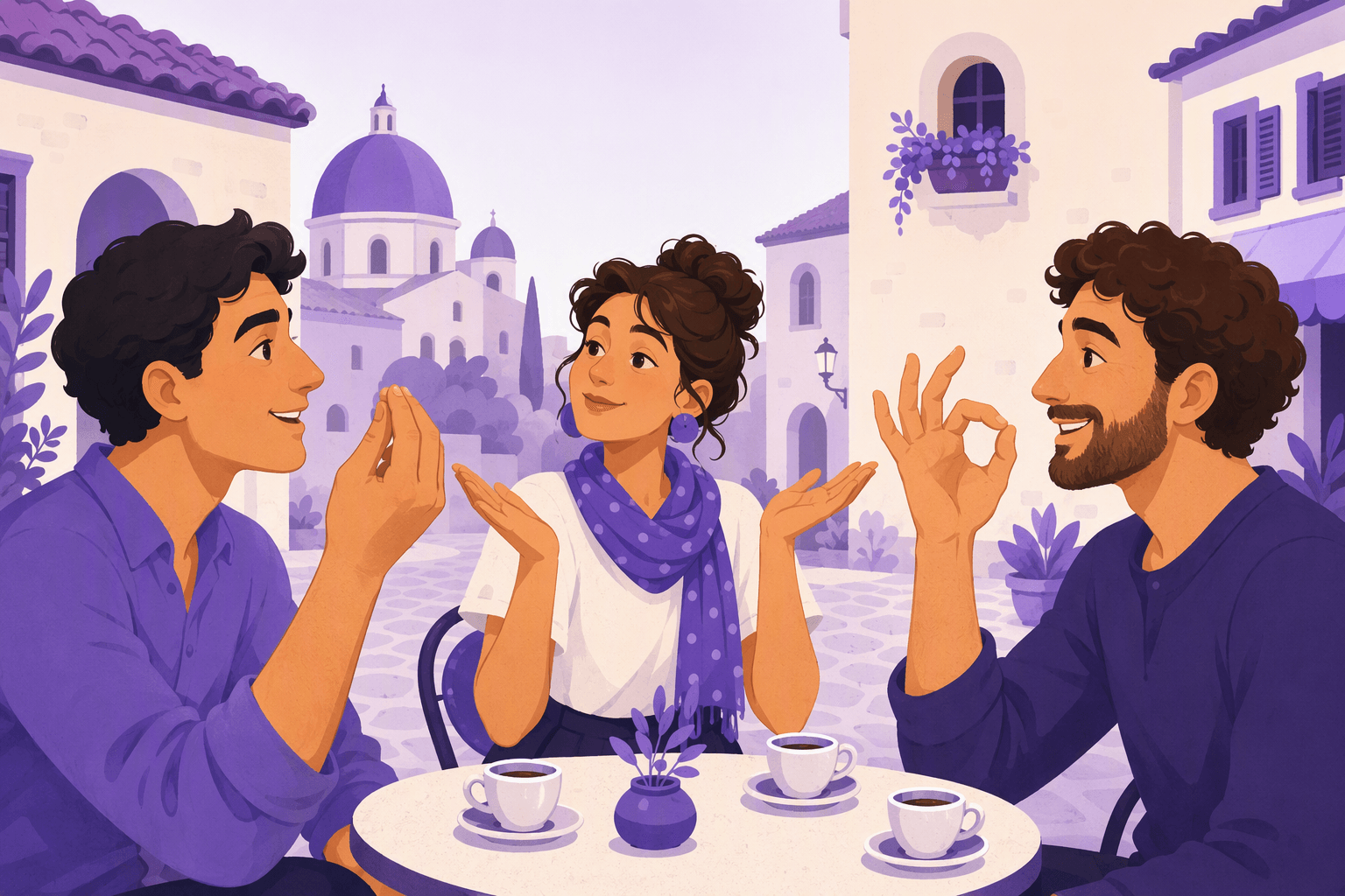 Three friends at an outdoor cafe table in an Italian piazza, each making a different classic hand gesture while talking over espresso