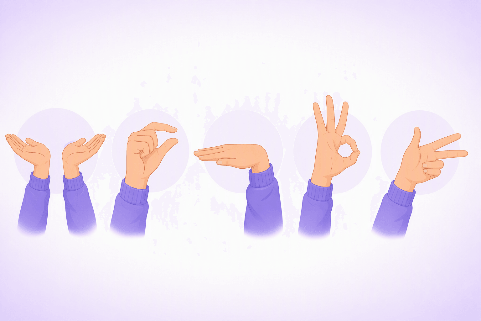 Five low-risk Italian hand signs shown side by side: the palms-up shrug, the tiny-bit pinch, the so-so wobble, the OK circle and the two-finger watch-out point