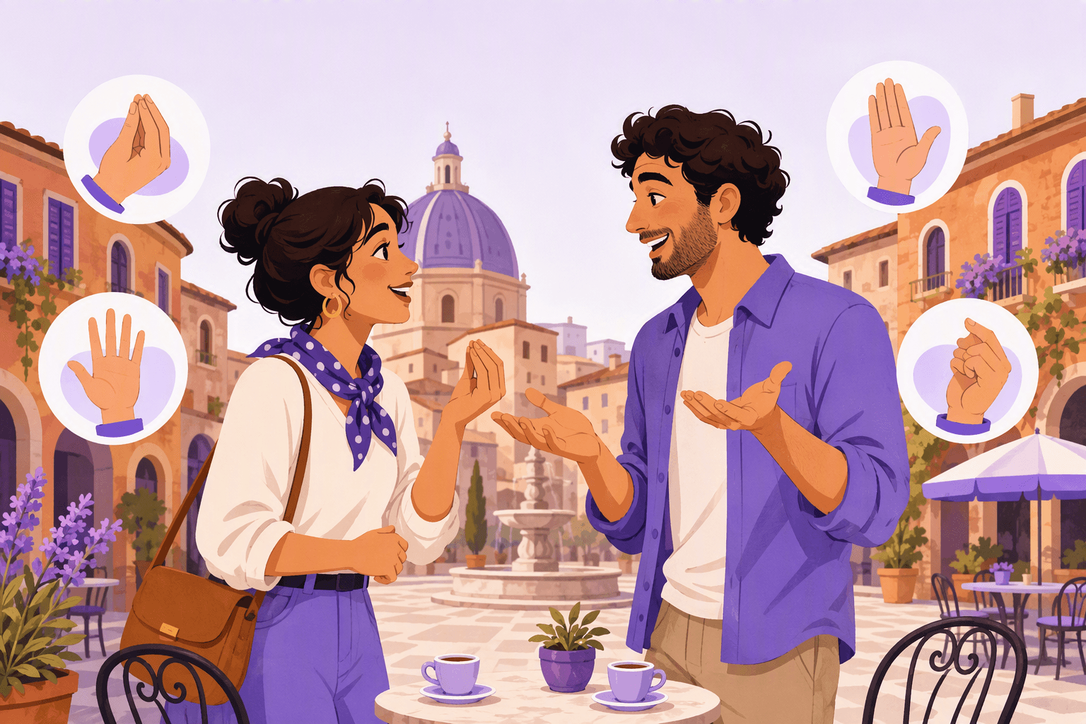 Two people talking in a sunny Italian piazza, both using expressive hand gestures over espresso cups, surrounded by illustrated hand shapes showing classic Italian gestures