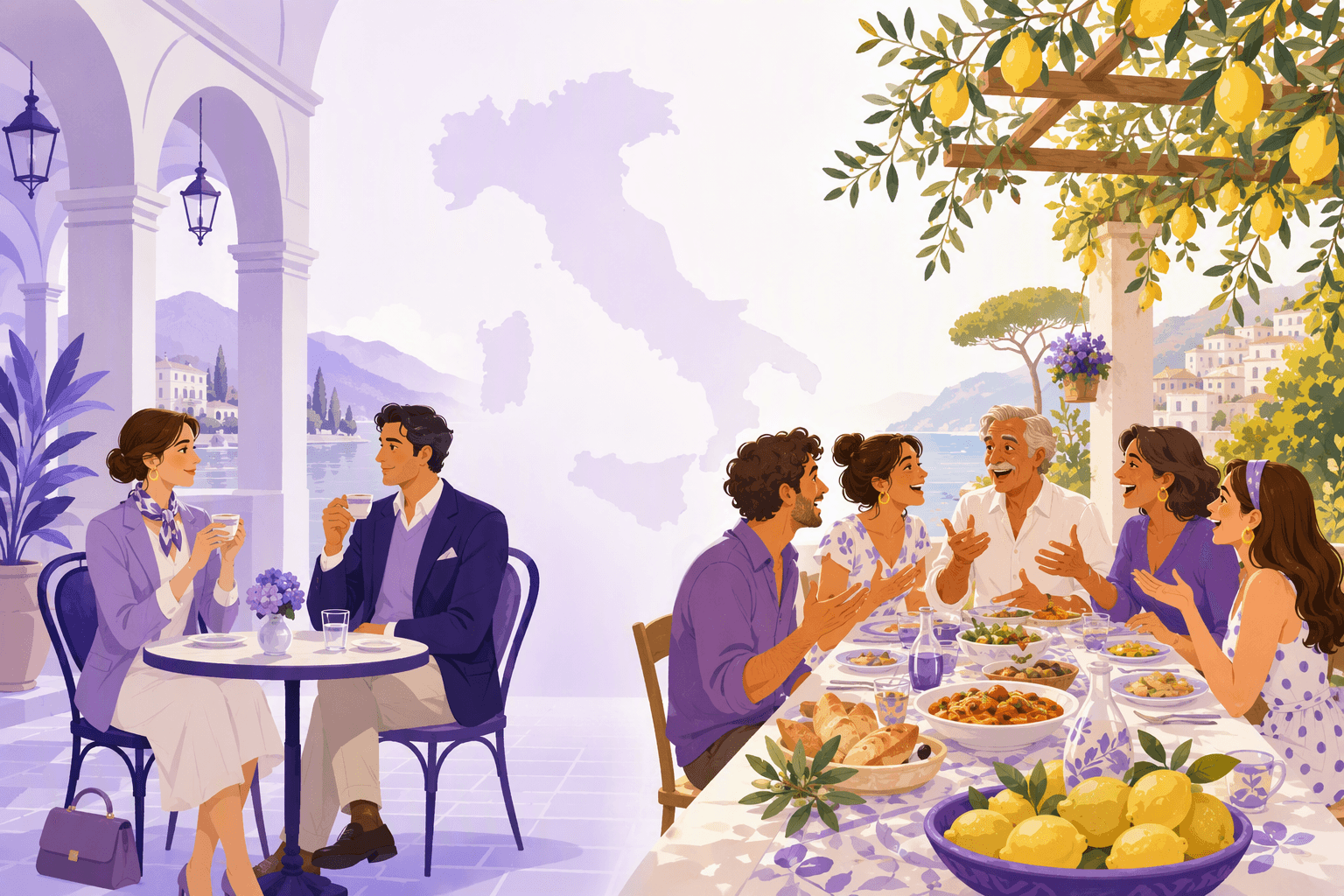 Split scene comparing a quiet northern Italian cafe conversation with restrained hand movements and a lively southern Italian family lunch where everyone gestures energetically