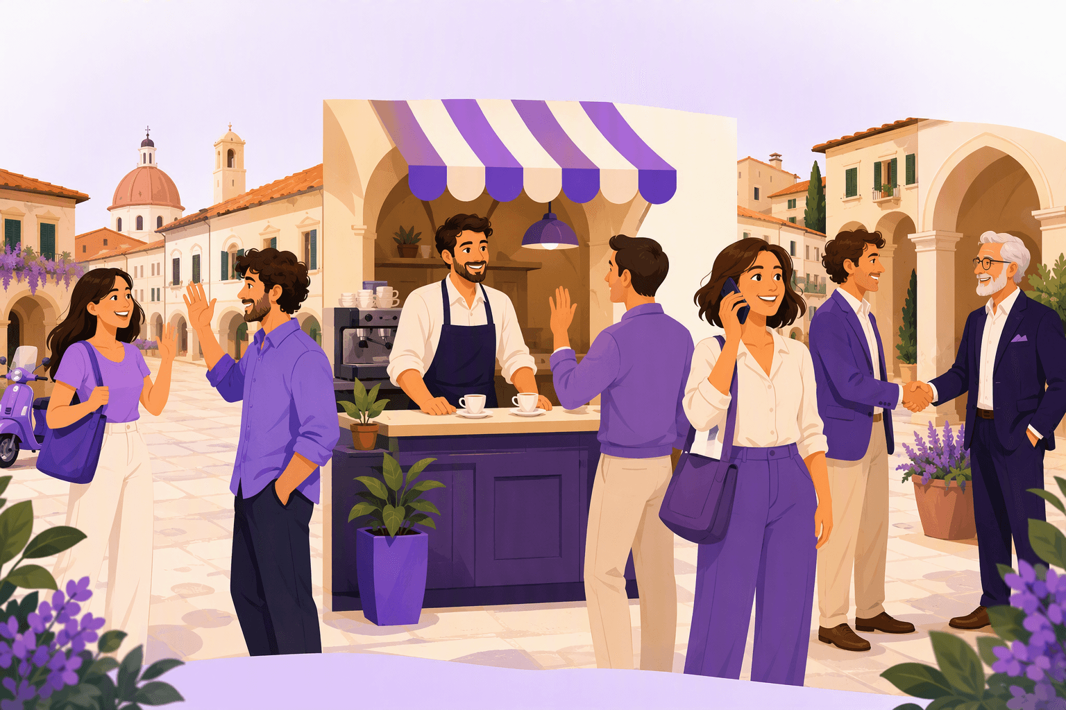 Illustration of Italian greetings: friends waving in a sunny piazza, a barista welcoming a customer at an espresso bar, a person greeting someone on the phone and a handshake with an older gentleman
