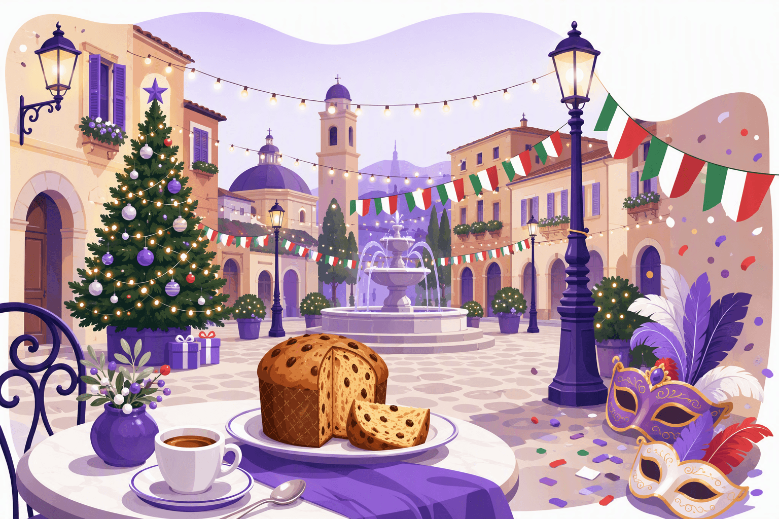 Festive Italian piazza with holiday lights, a decorated tree, carnival masks, and tricolor bunting, capturing the year-round celebration culture of Italy