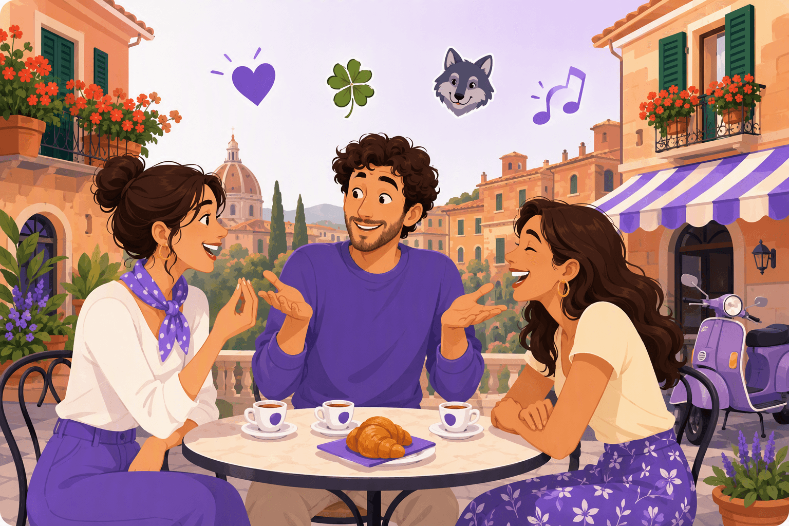 Three friends at a cafe table on an Italian piazza using expressive hand gestures while chatting over espresso