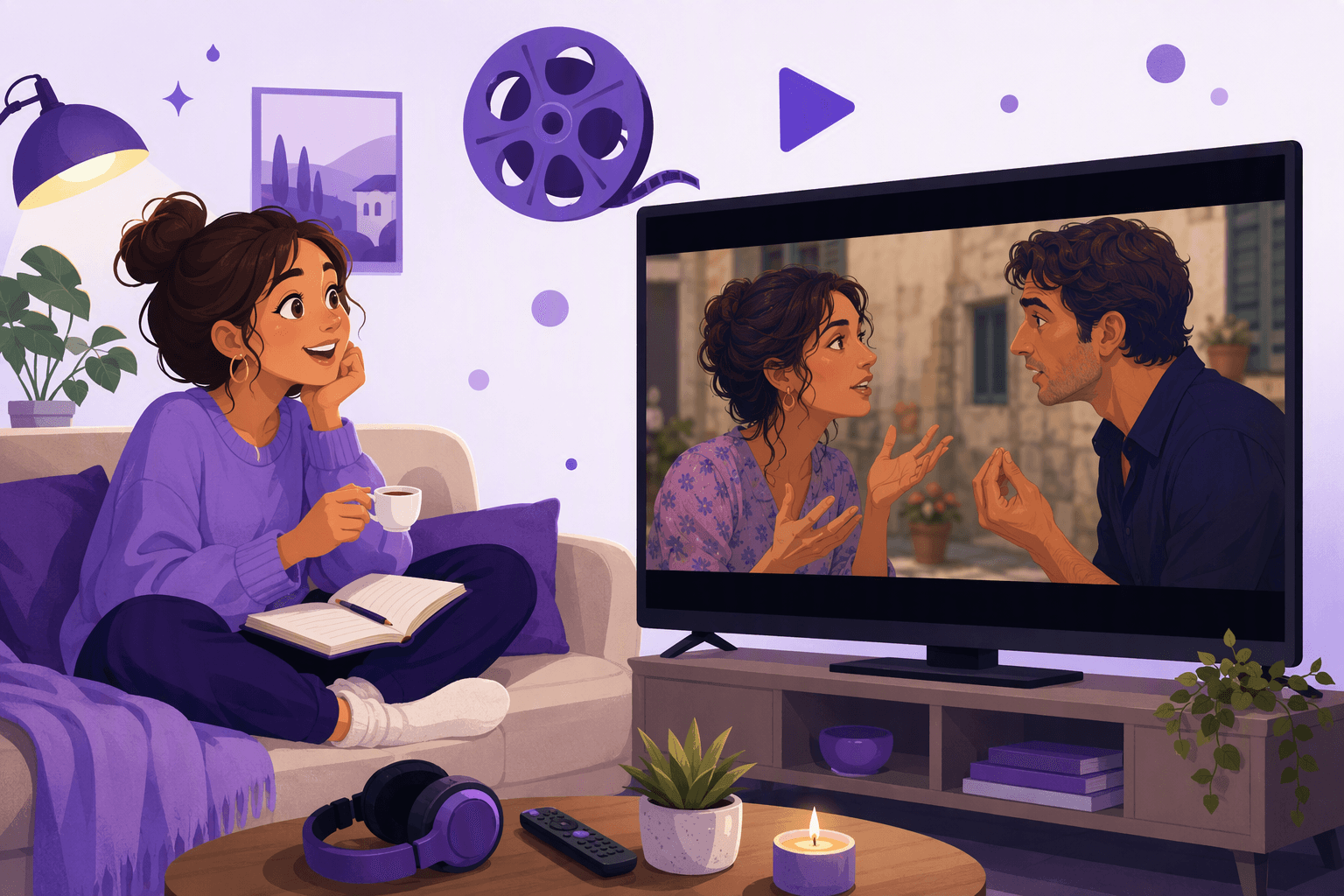 A learner on a sofa with a notebook watching two film characters gesture at each other on a TV screen