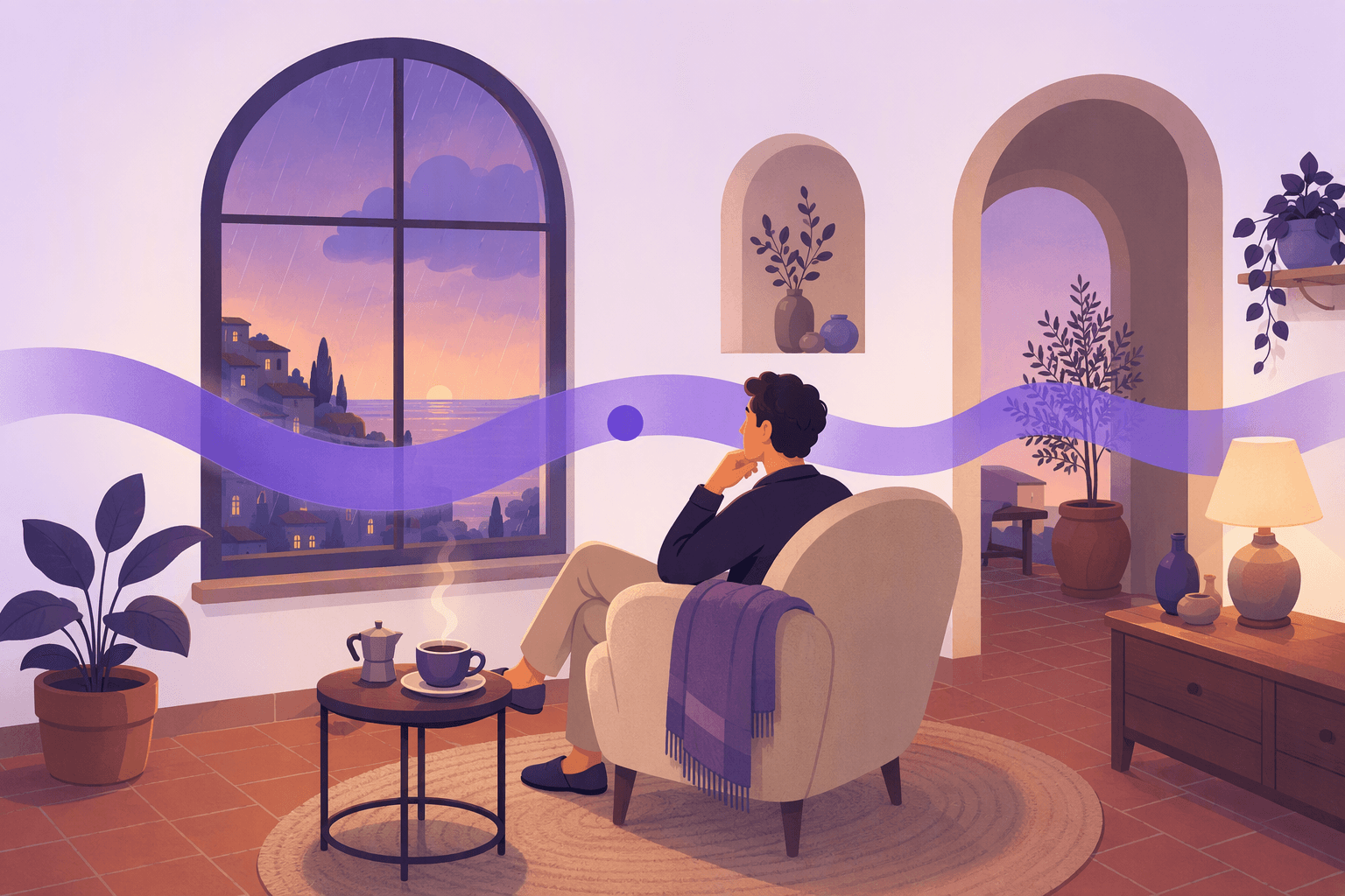 A person in an Italian living room looking out at a rainy evening while a long flowing ribbon of time sweeps across the scene, with one solid dot marking a single finished moment