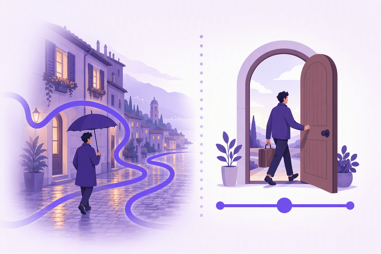 Split illustration: on the left a rainy Italian street wrapped in an unbroken flowing ribbon, on the right a person stepping through a door next to a short bar with two clear end points