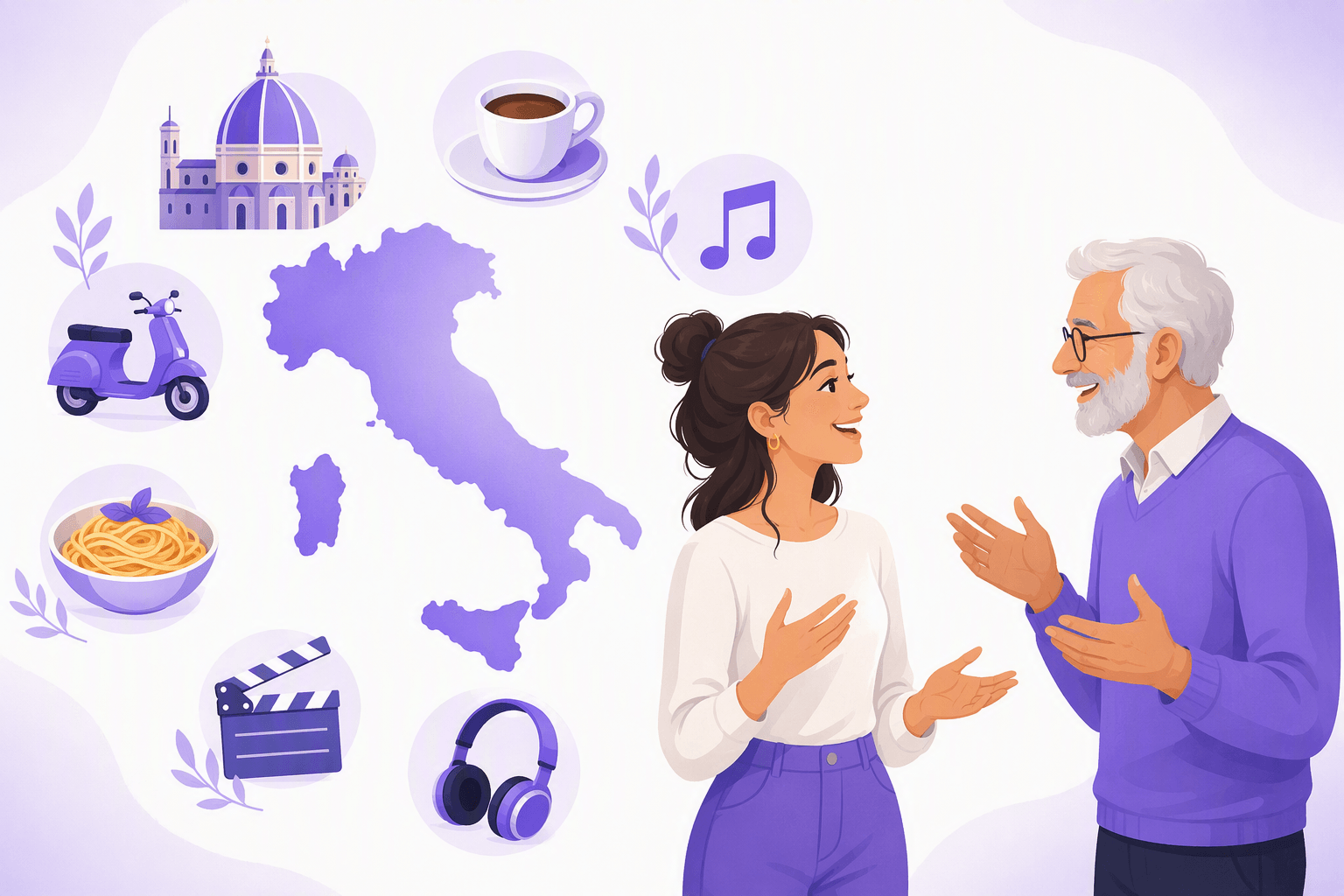 Illustration of the Italian peninsula surrounded by icons of Italian culture, with two people talking to each other