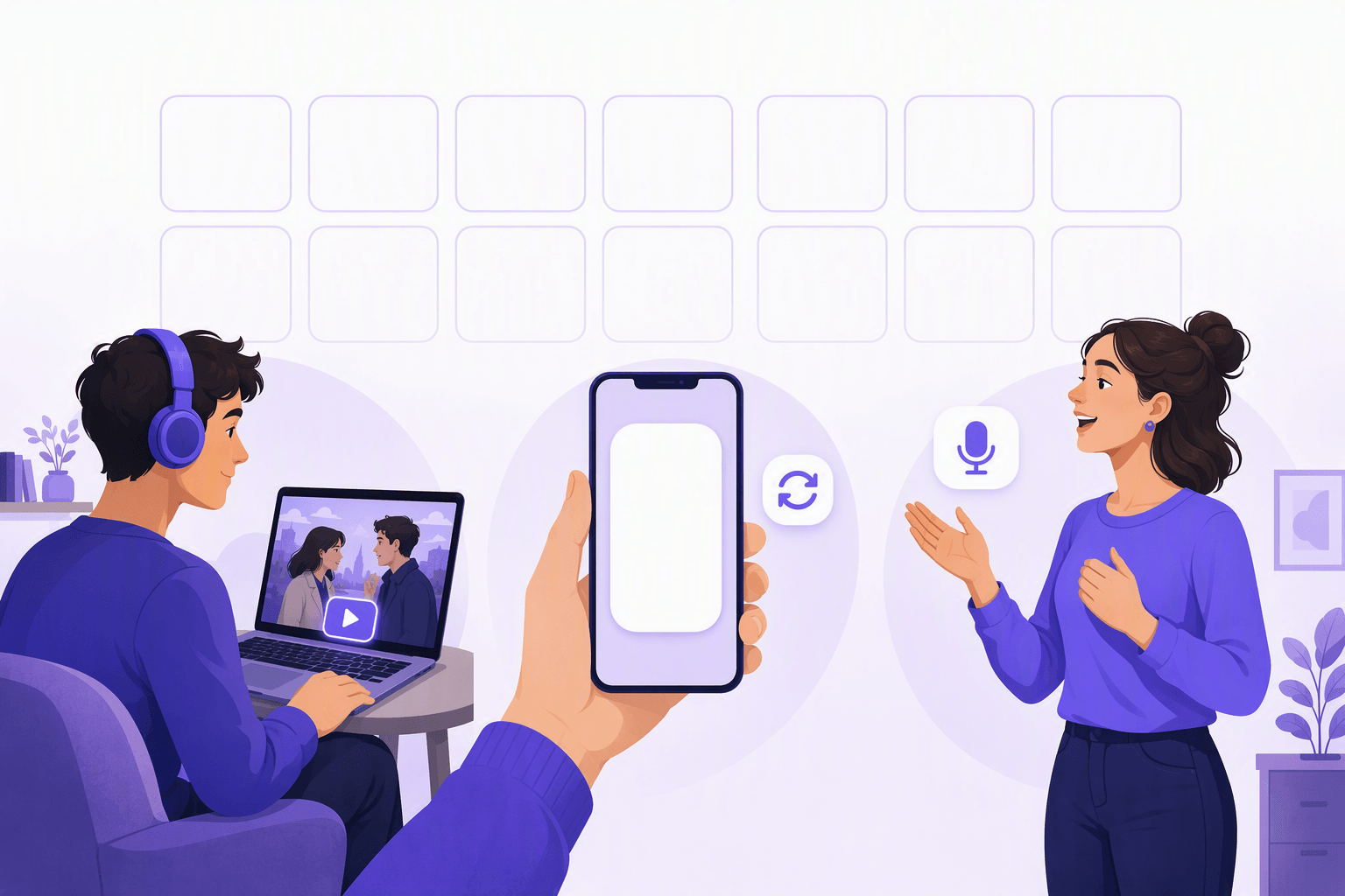 Three-part learning routine: a learner watching a short scene with headphones, a hand holding a phone with a review card, and a learner repeating lines out loud