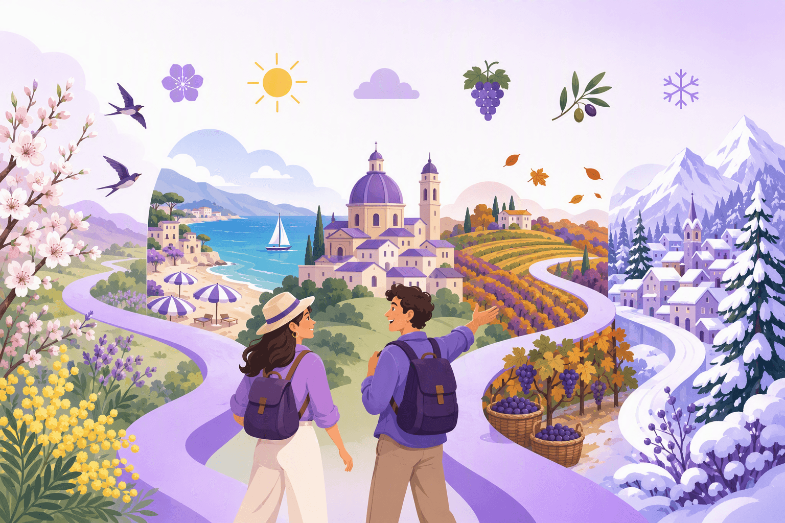 Two travellers walking a winding path through the Italian year: mimosa and almond blossom, a sunny coast with beach umbrellas, a vineyard harvest in autumn colours, and a snowy northern village, with a domed town at the centre