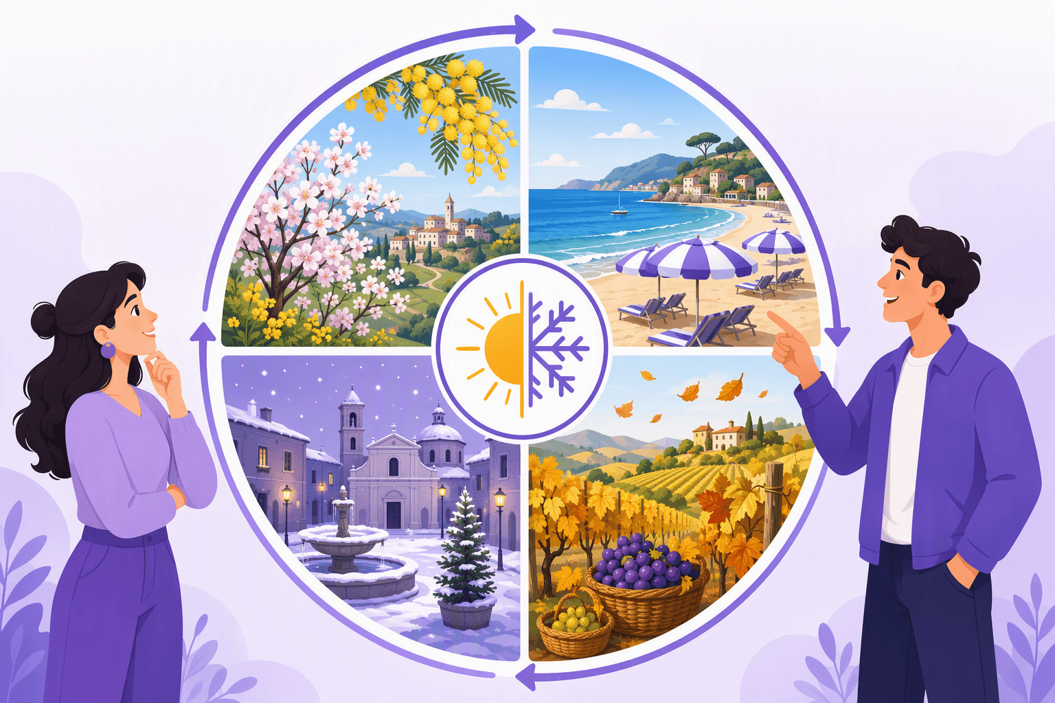 A four-quarter seasonal wheel of Italy turning clockwise: blossoming almond and mimosa, a striped-umbrella beach, a golden vineyard with grape baskets, and a snowy piazza with a fountain, with two people looking at it