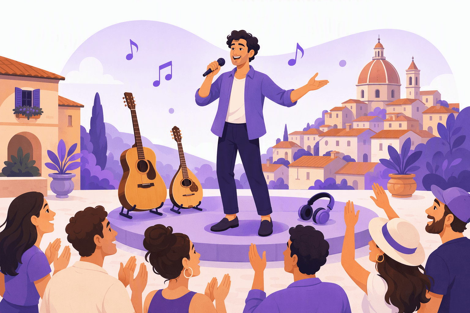 Italian singer with a microphone on a small piazza stage, with a guitar, a mandolin, headphones and a cheerful audience