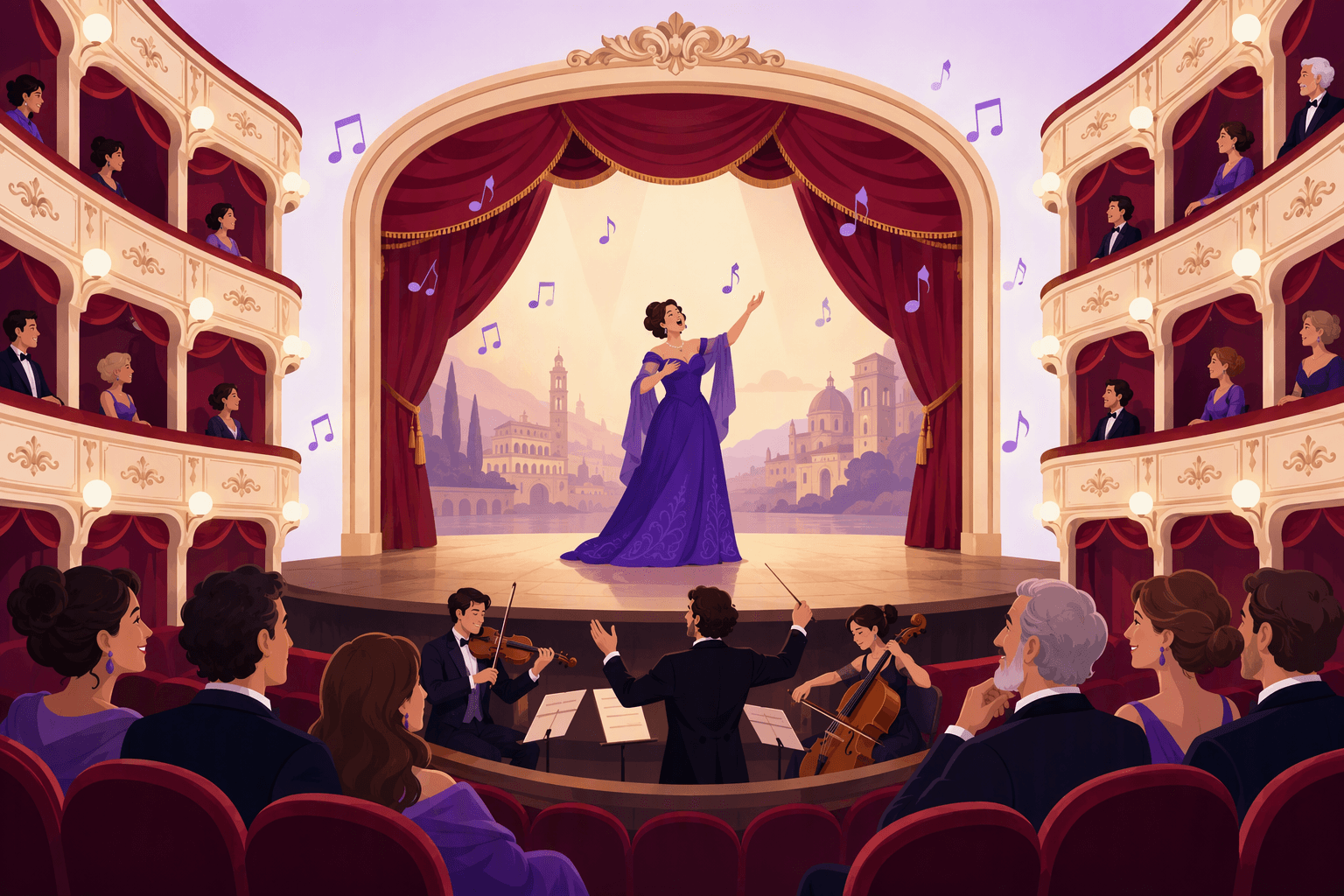 Italian opera house interior with red velvet balconies, an orchestra pit with violin, cello and conductor, and a singer on stage