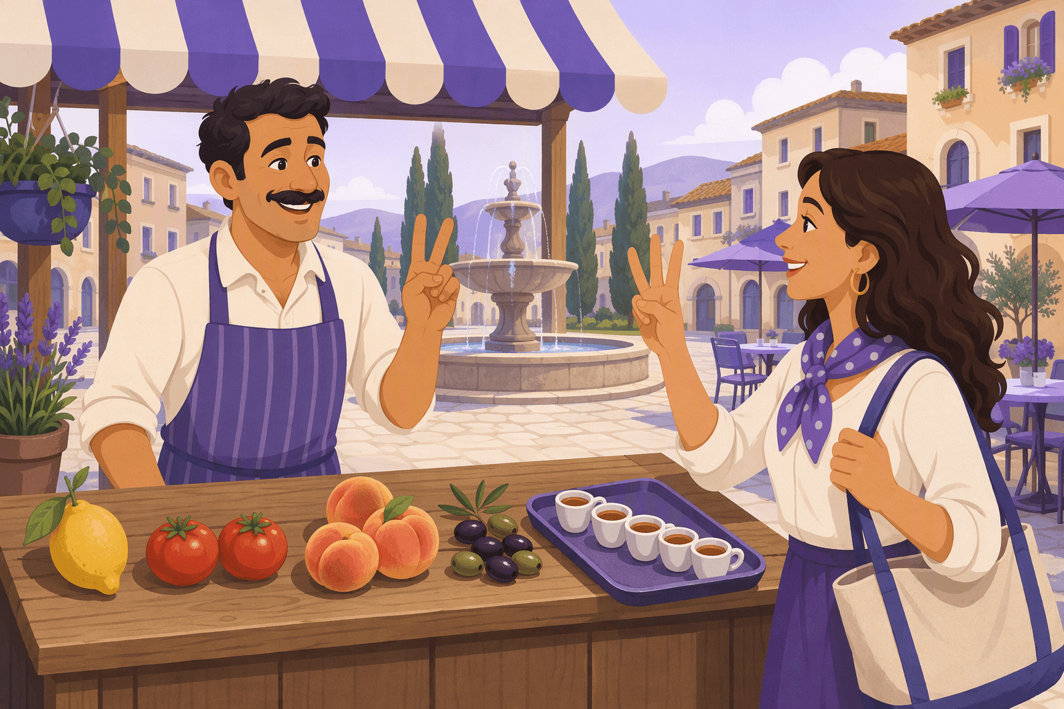 A market vendor and a customer at an Italian piazza stall counting on their fingers, with lemons, tomatoes, peaches, olives and espresso cups grouped in different quantities