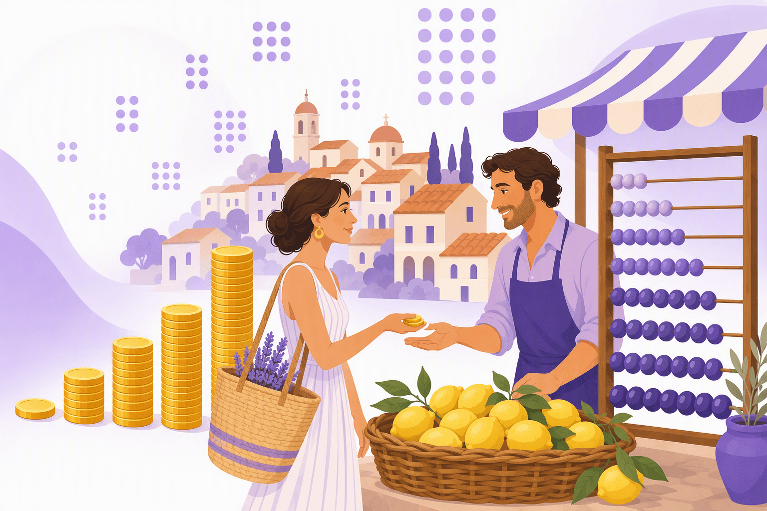 Ascending stacks of golden coins and a bead abacus beside an Italian market stall where a shopper hands coins to a vendor over a basket of lemons