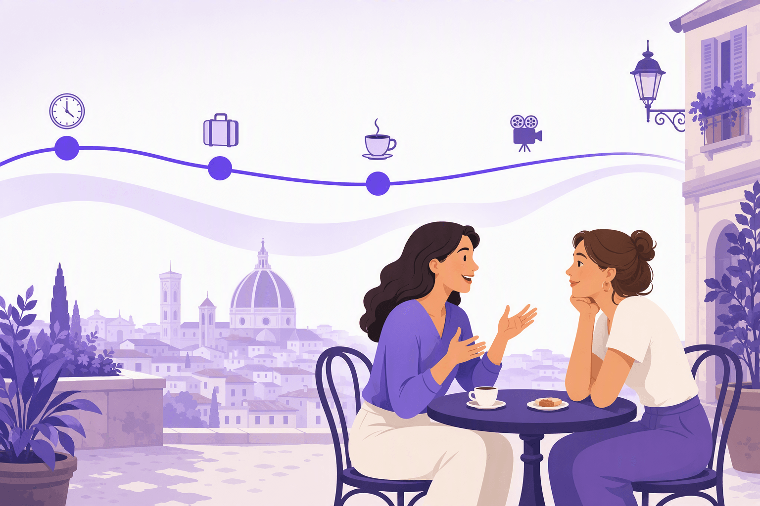 Two friends at a cafe table on an Italian terrace telling a story about the past, with a timeline of finished moments running above a continuous background band