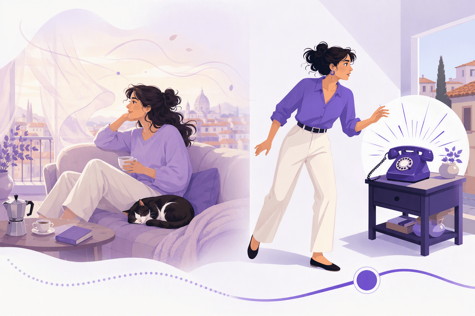 Split illustration of Italian past tense: a soft dreamy ongoing scene on one side and a sharp finished moment on the other, joined by a curved timeline