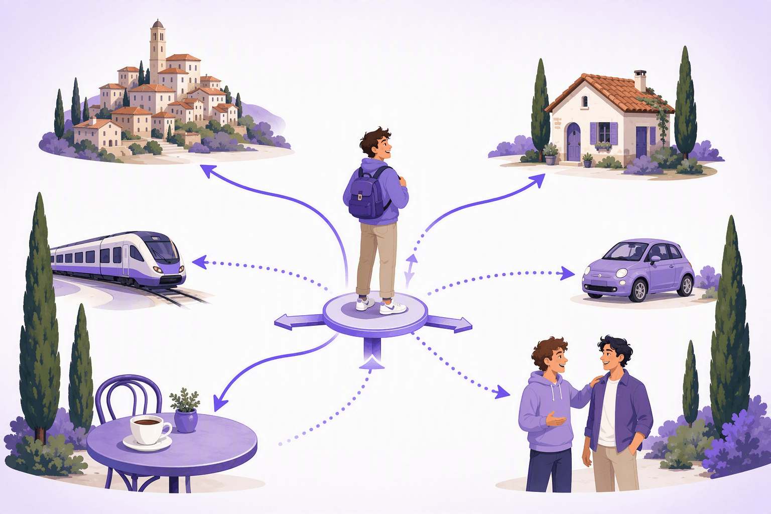 Traveler at a signpost hub with arrows pointing to an Italian hilltop town, a house, a train, a car, a cafe table and two friends, illustrating Italian prepositions of place and direction