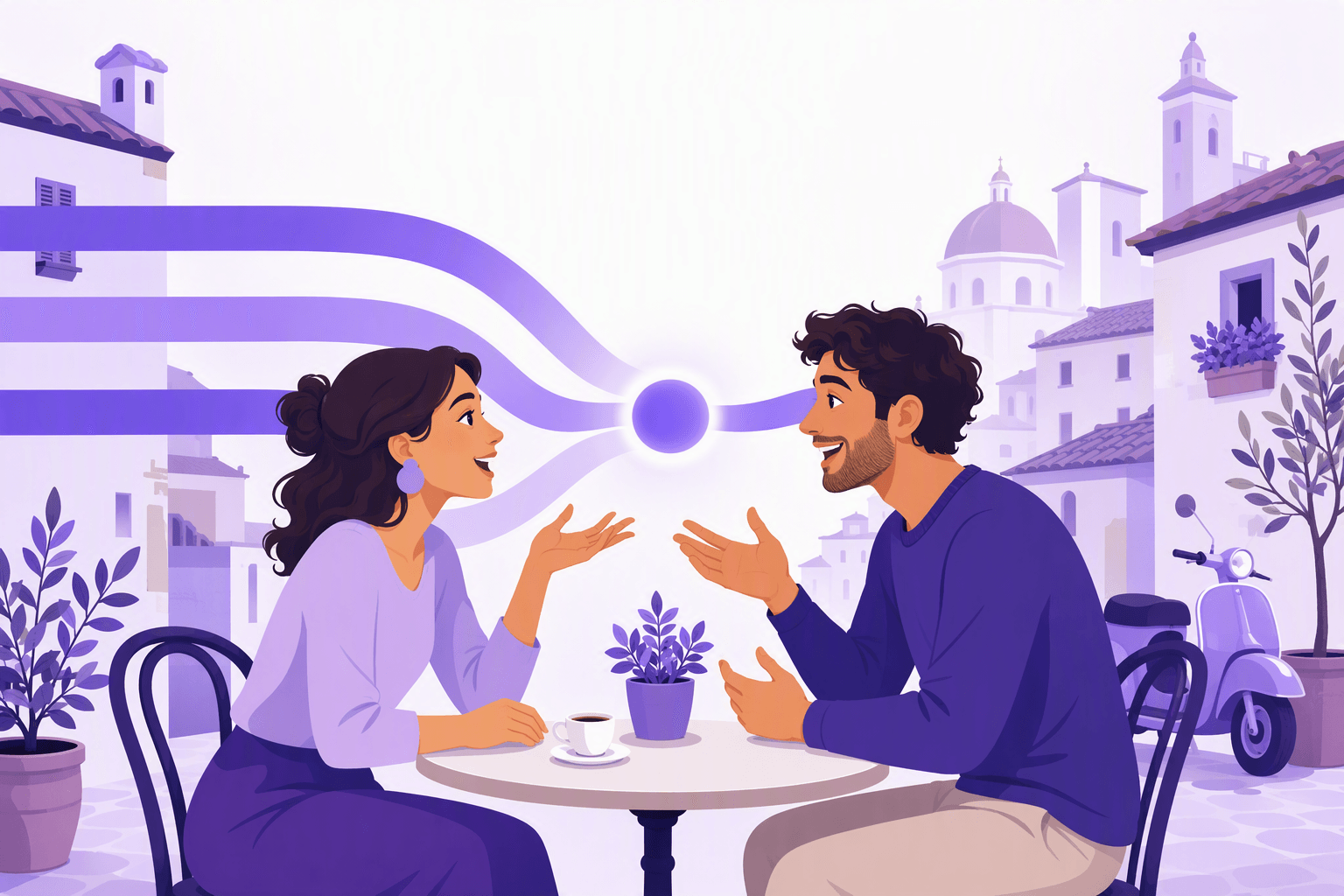 Two people talking at a cafe table in an Italian piazza, with three ribbon paths merging into a single glowing point behind them