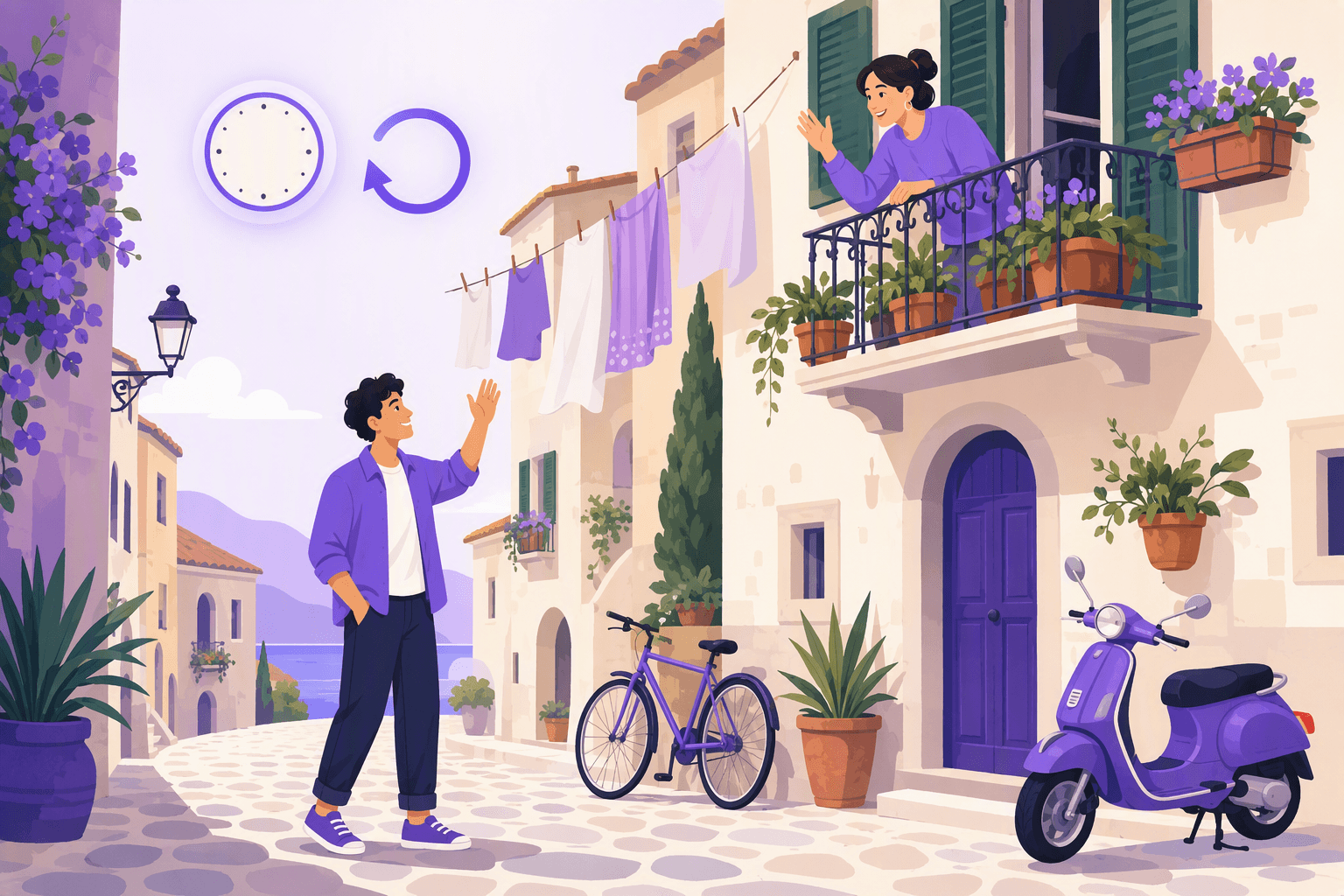 A man on an Italian street waving up to a neighbour leaning over her balcony, next to a clock face and a looping arrow