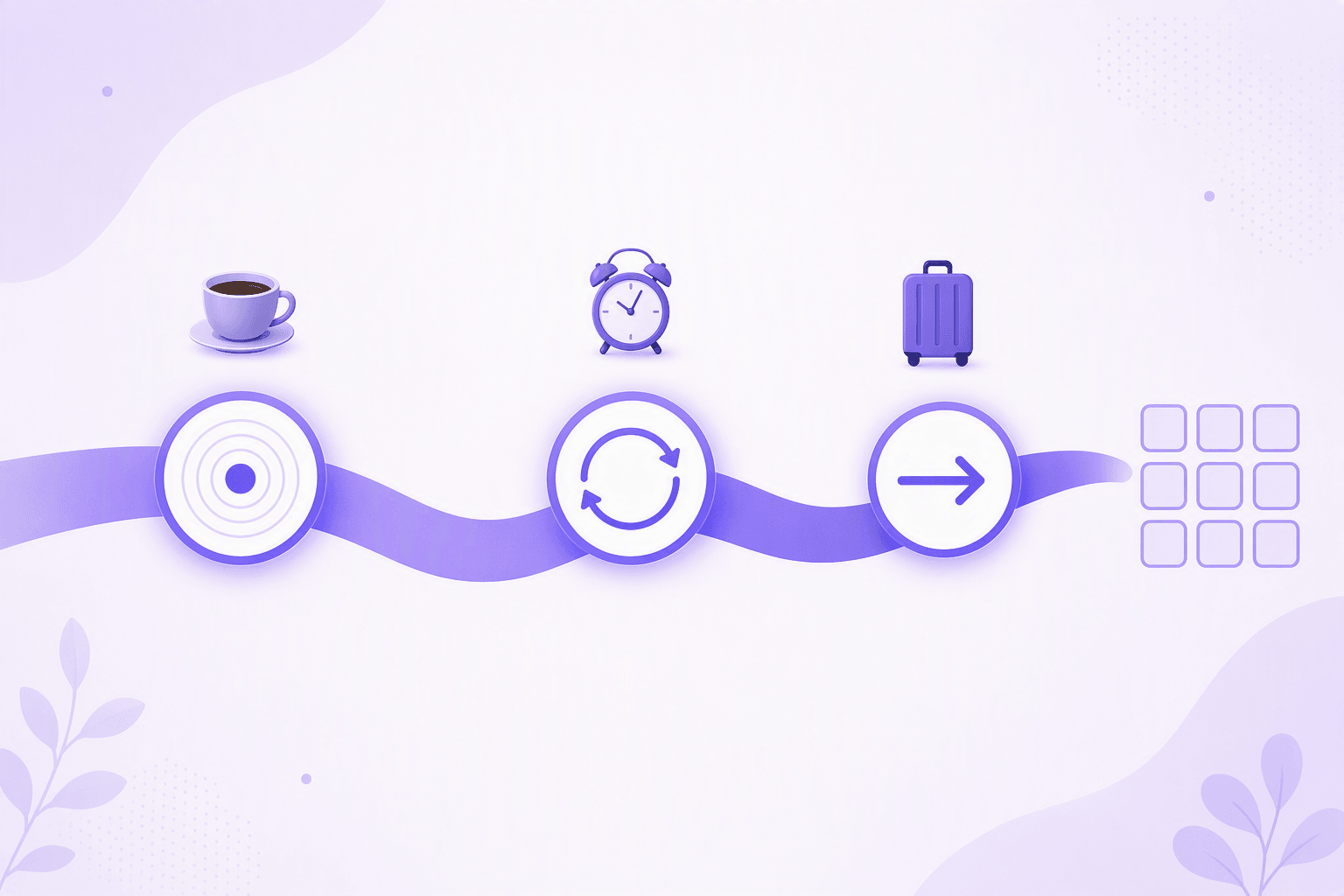 A single ribbon path carrying three markers: a ripple dot, a looping arrow and a forward arrow, with a coffee cup, an alarm clock and a suitcase above them
