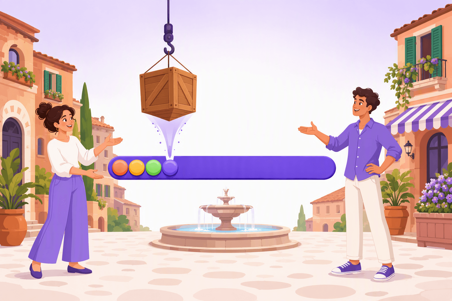 Flat vector illustration of Italian clitic pronouns: small round pebbles cling to the front edge of a long verb bar in a sunny piazza, while a bulky crate is lifted away and shrinks into a single pebble