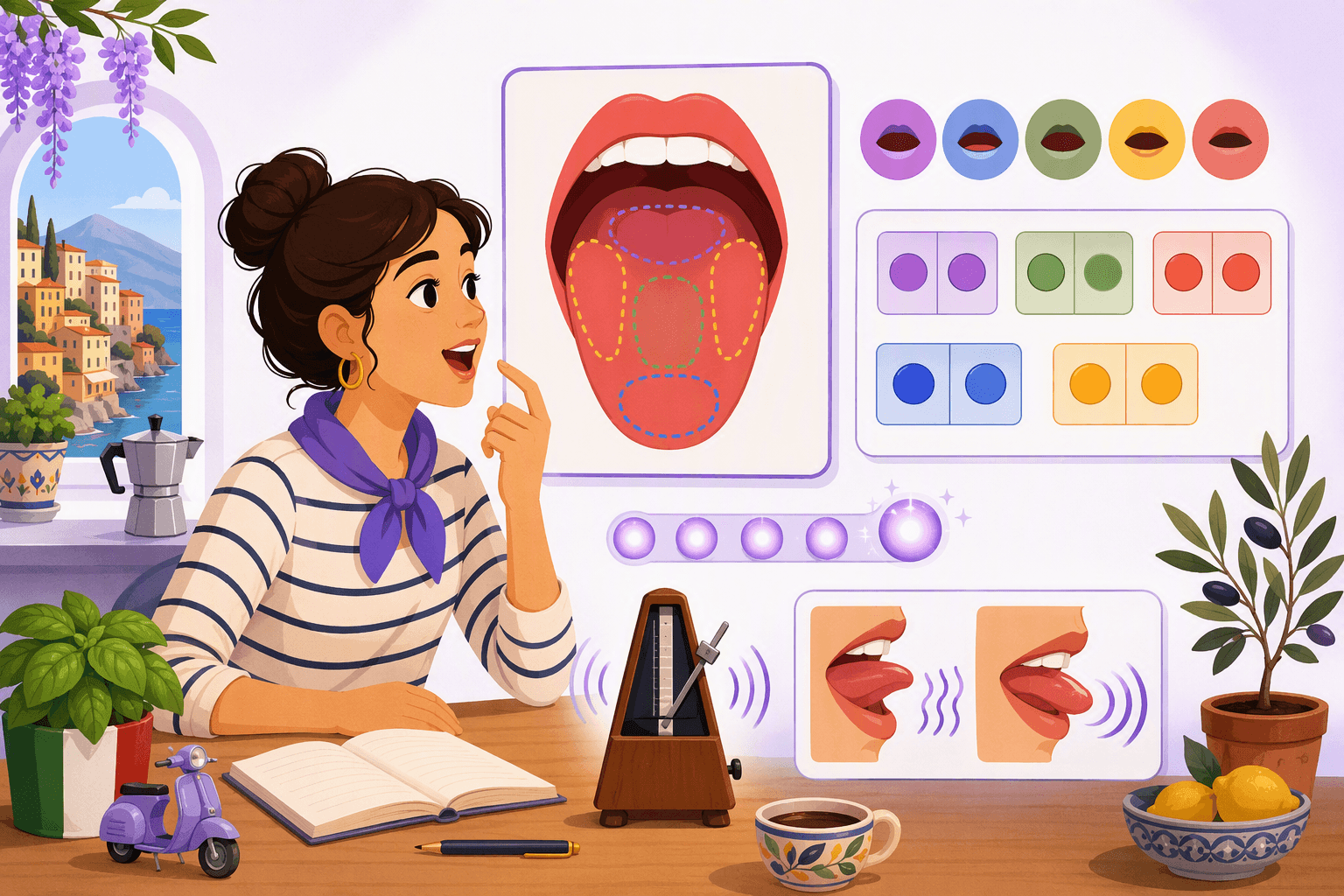 Flat-vector illustration of an Italian learner using a mouth-and-tongue diagram, five vowel symbols, paired blocks for double consonants, final vowel beads, a metronome for steady syllable timing, and vibration lines for the tapped or rolled R.