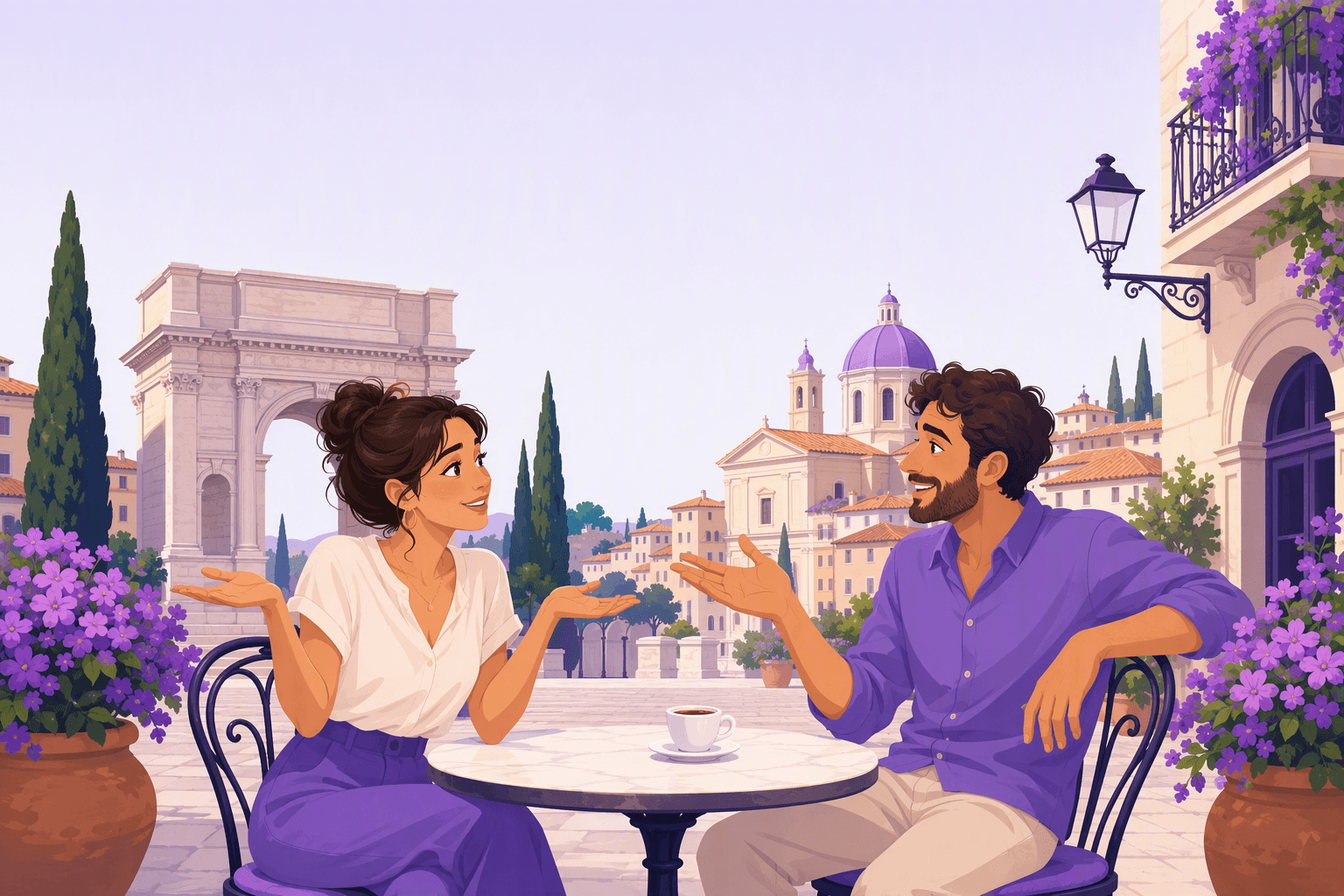 Two friends chatting at a cafe table on a sunny Italian piazza, hands open in a questioning gesture, with a stone arch, a domed church and cypress trees behind them