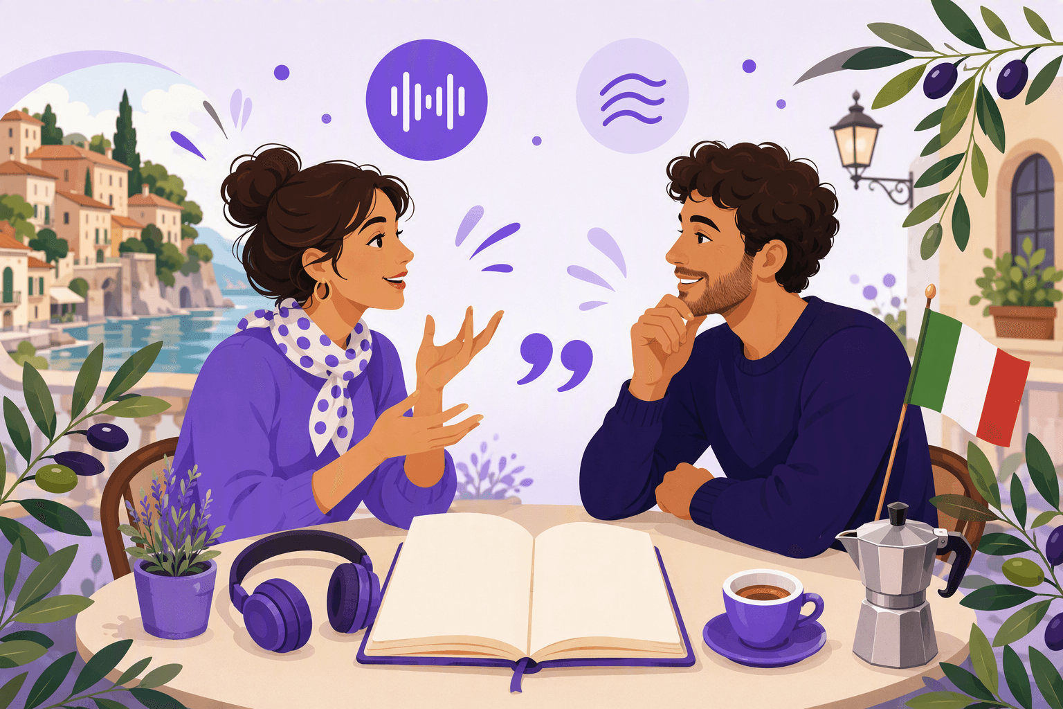 Flat-vector scene showing an Italian café table with a blank notebook, headphones, espresso cup, Italian flag, expressive hands, quotation-mark icons, sound waves, and olive branches.