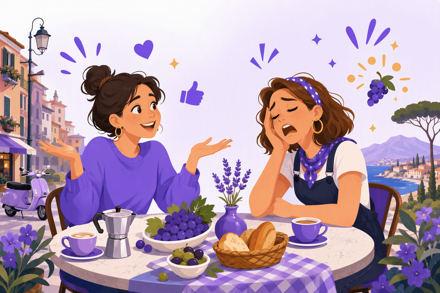 Two friends practice informal Italian in a café while expressive gestures and icons represent reactions, tiredness, approval, surprise, and abundance against an Italian street backdrop.