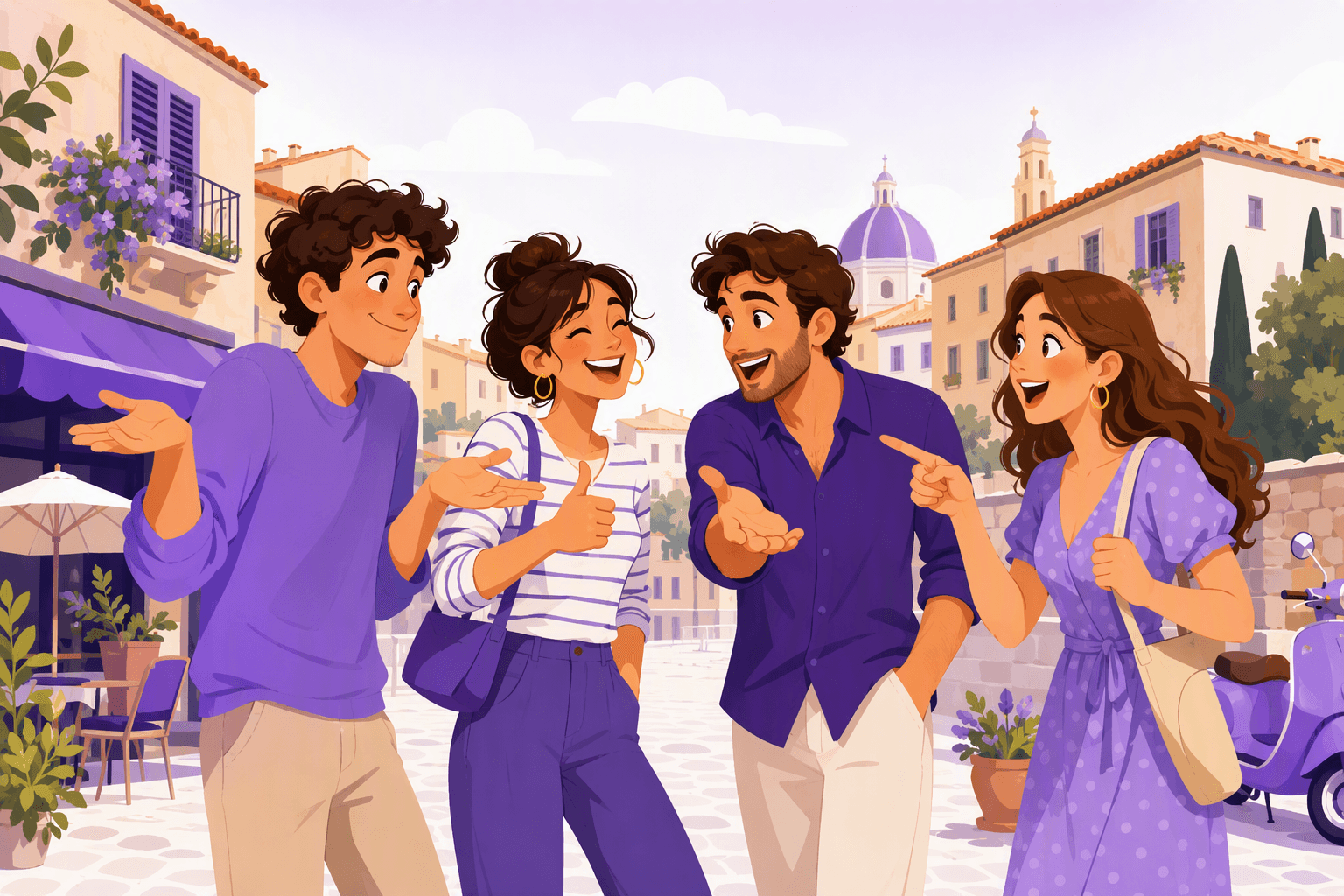 Four young friends chatting in a sunny Italian piazza, each making a different expressive Italian hand gesture