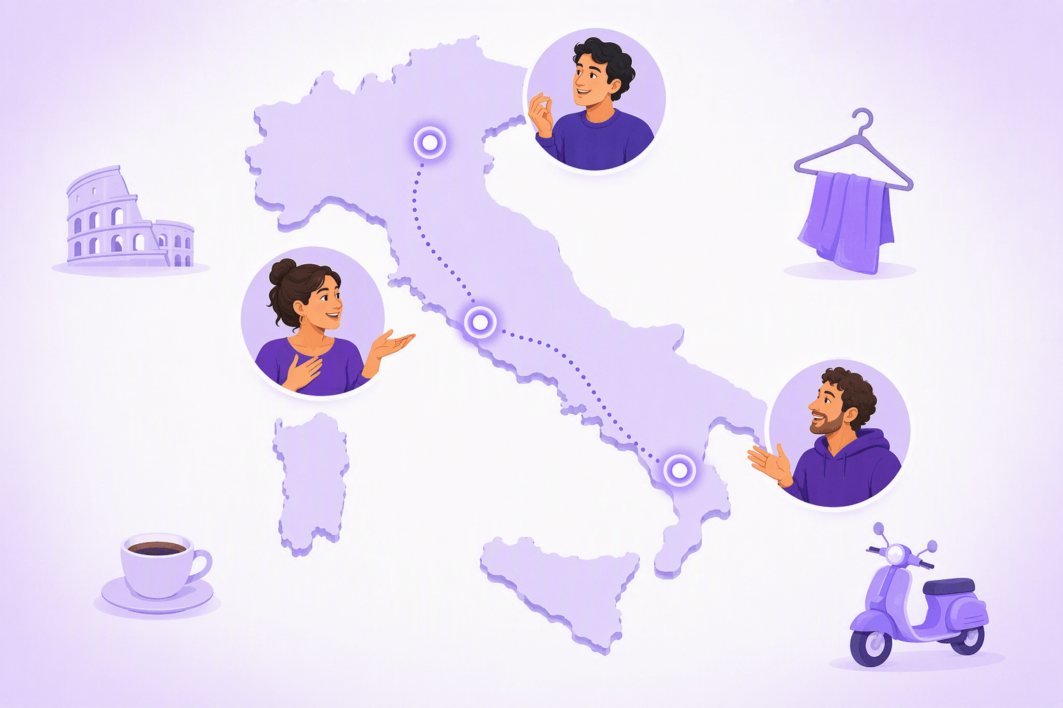 Map of Italy with three highlighted regional markers, each paired with a speaker making a different local gesture